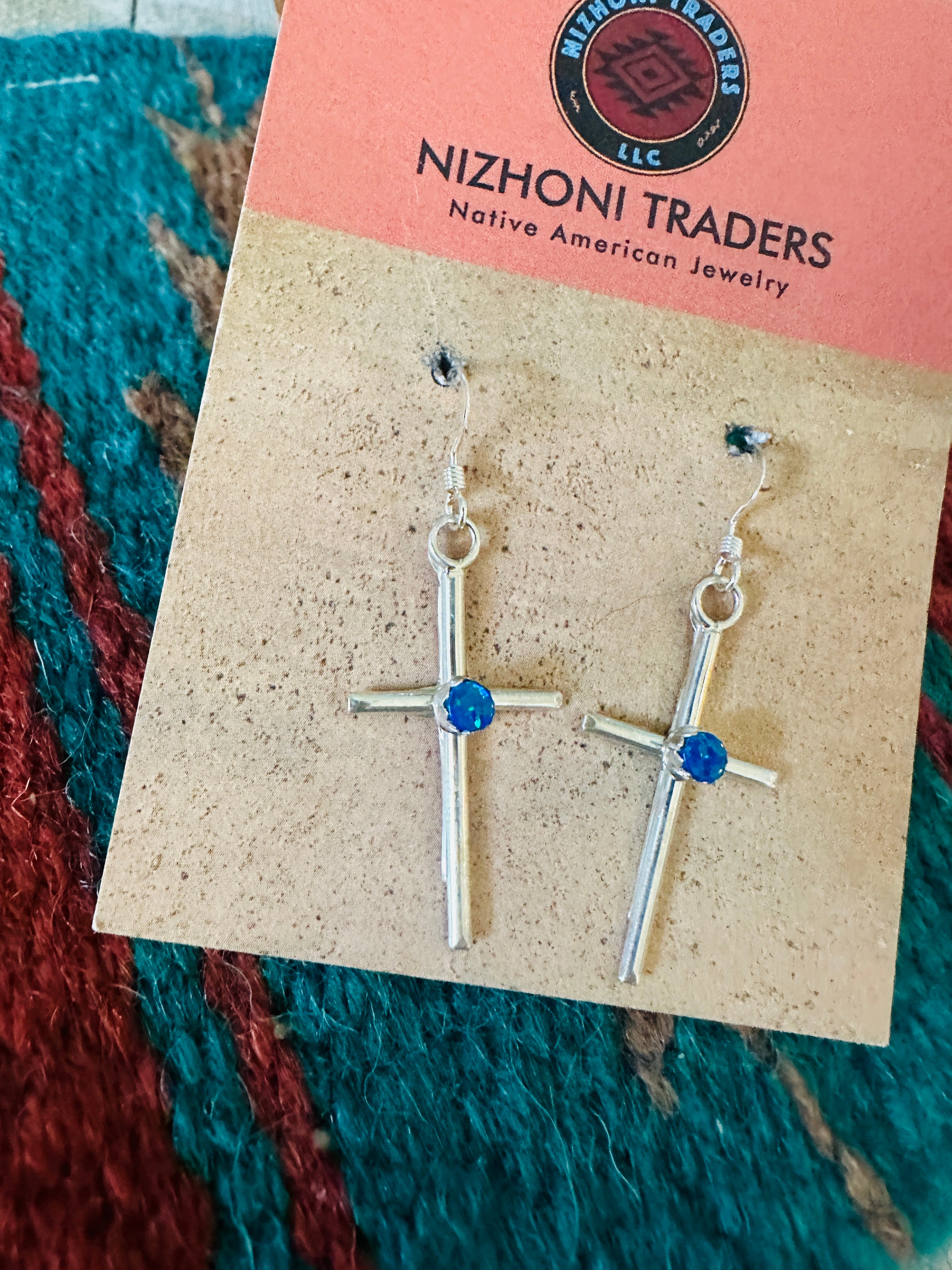 Navajo Sterling Silver & Blue Opal Cross Dangle Earrings