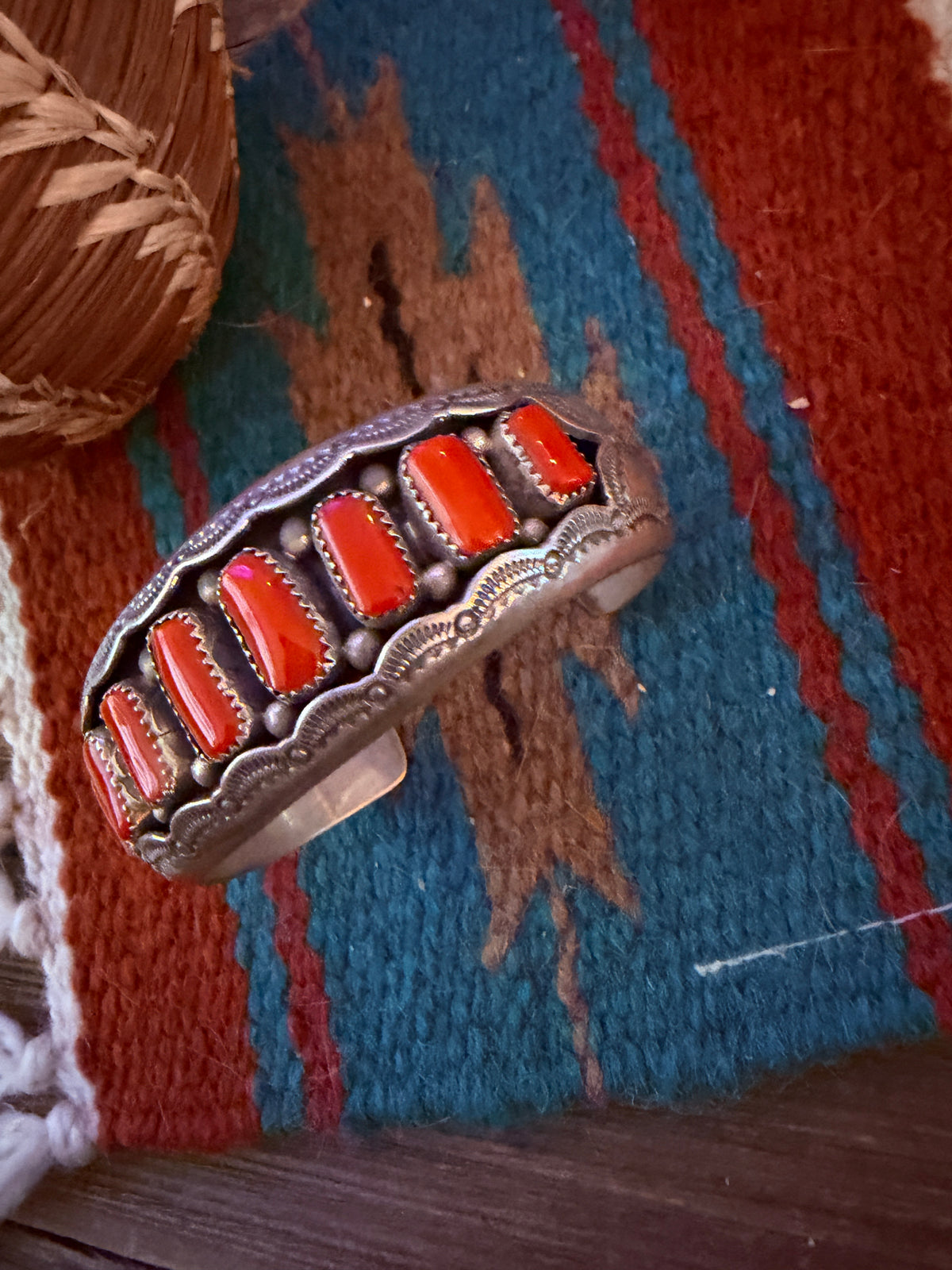 Handcrafted Old Pawn Sterling Silver & Coral Shadowbox Cuff Bracelet, Signed W.M.