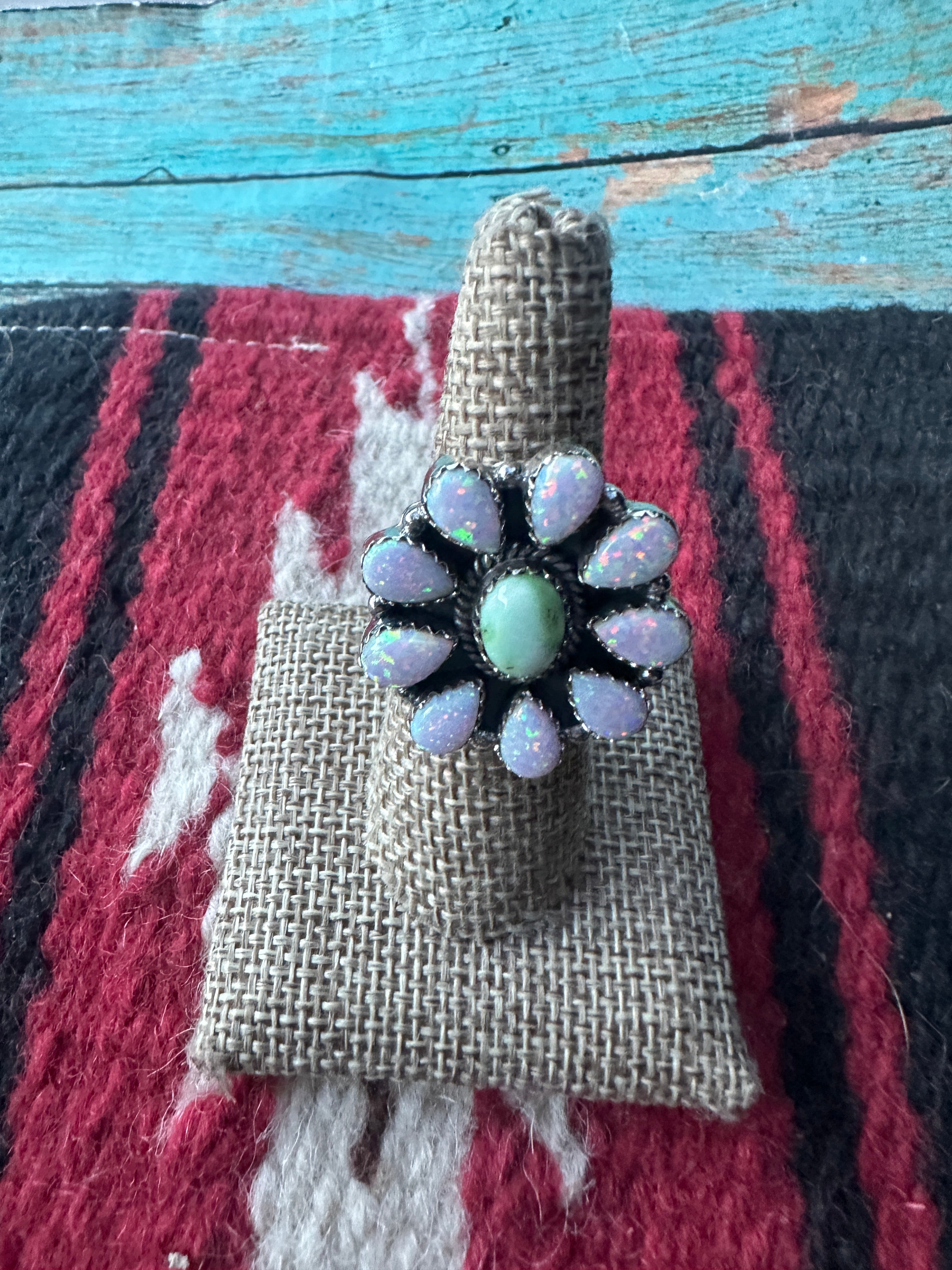 Beautiful Handmade Palomino Turquoise, Fire Opal And Sterling Silver Adjustable Ring