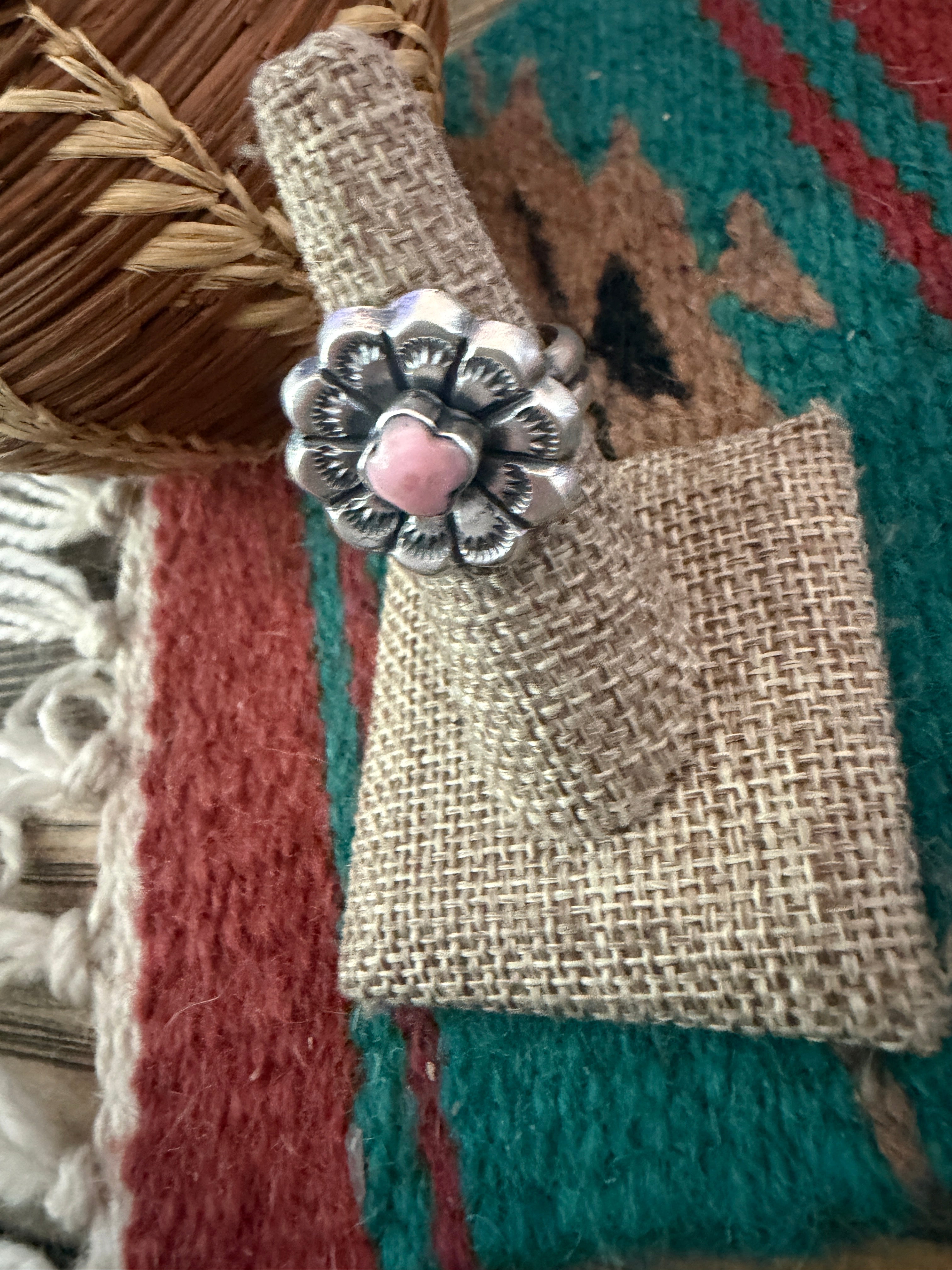 Handcrafted Queen Pink Conch and Sterling Silver Flower Ring size 6.75 by Chimney Butte