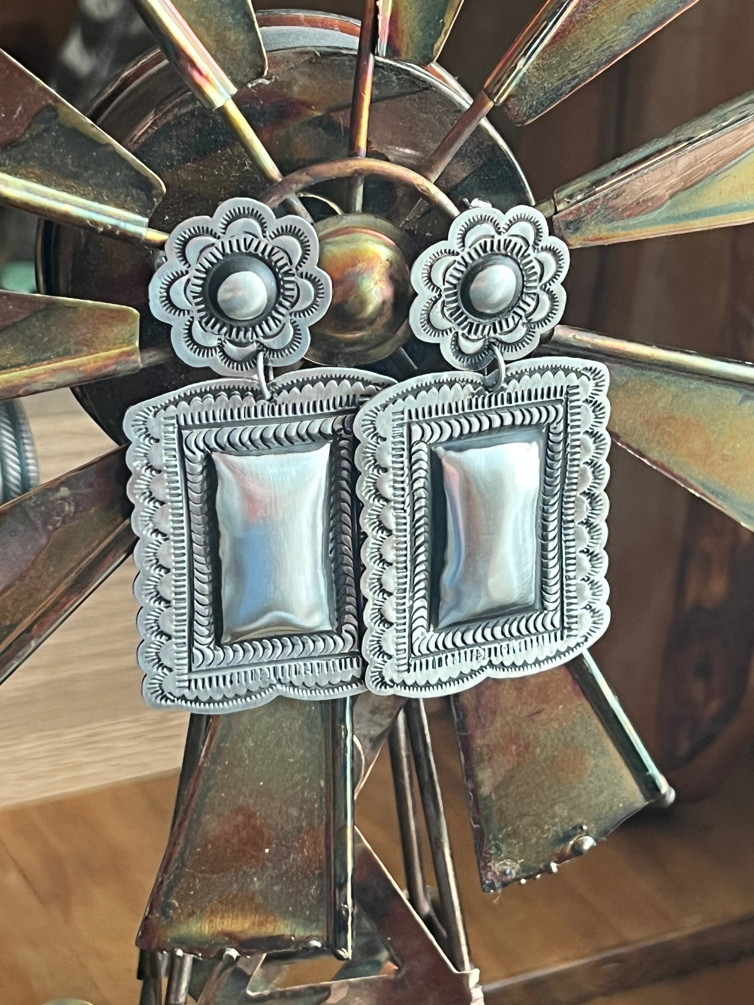 Handcrafted Sterling Silver Stamped Repousse Rectangle Earrings by Leander Tahe, R2