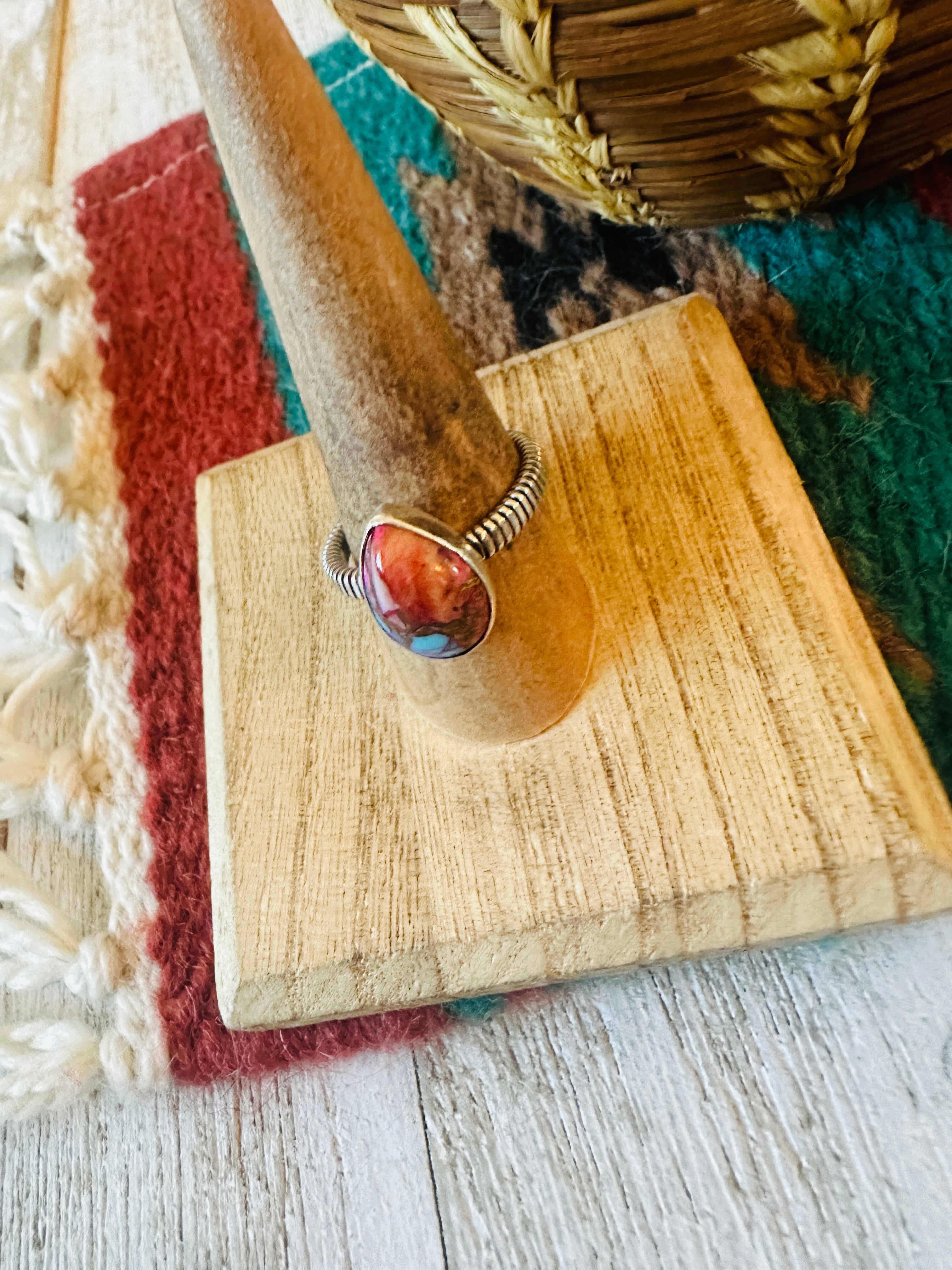 Navajo Sterling Silver & Pink Dream Mojave Teardrop Ring