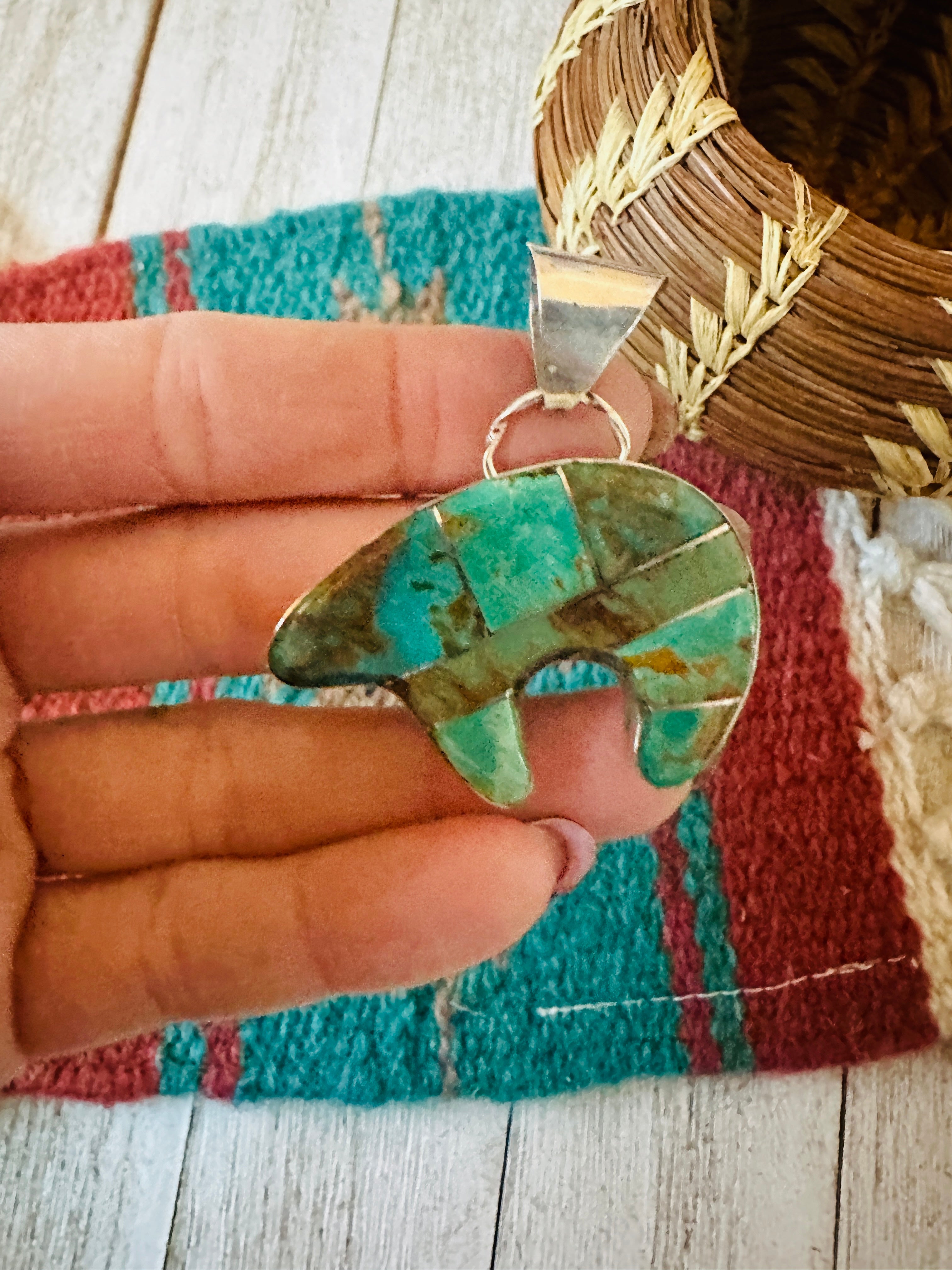 Navajo Turquoise & Sterling Silver Inlay Fetish Bear Pendant