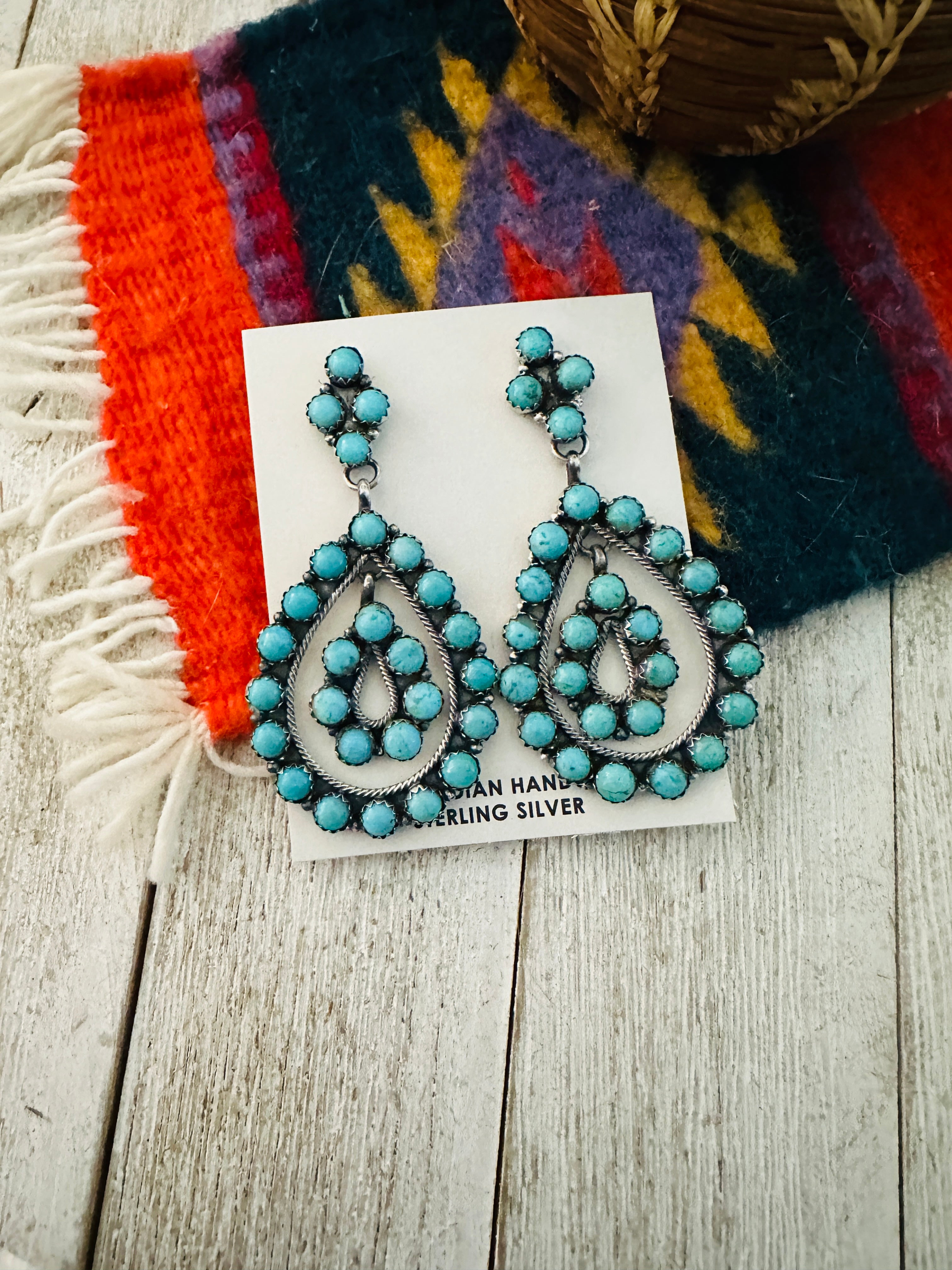 Navajo Sterling Silver & Turquoise Cluster Dangle Earrings