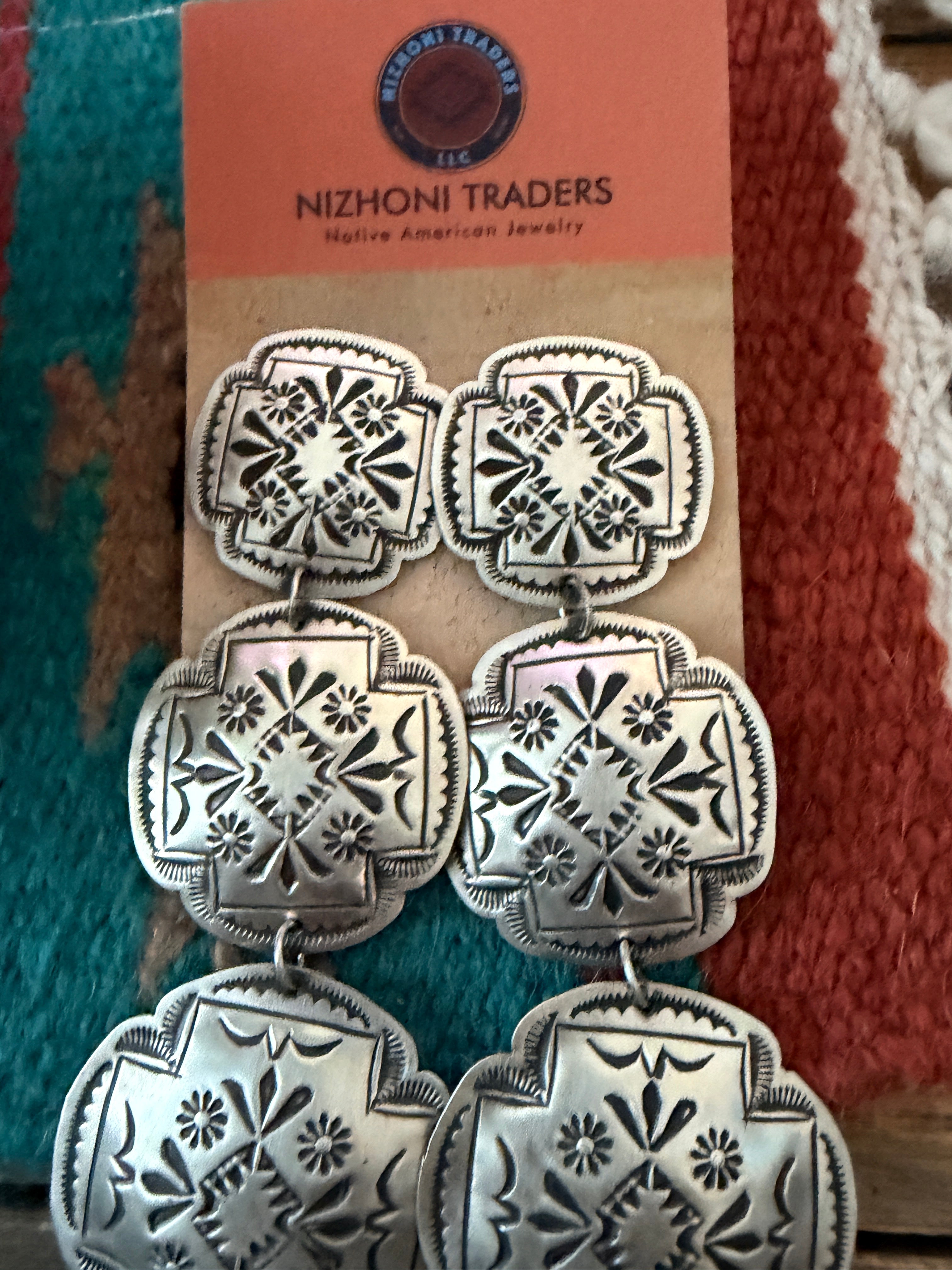 Handcrafted Sterling Silver Concho Dangle Earrings by Leander Tahe