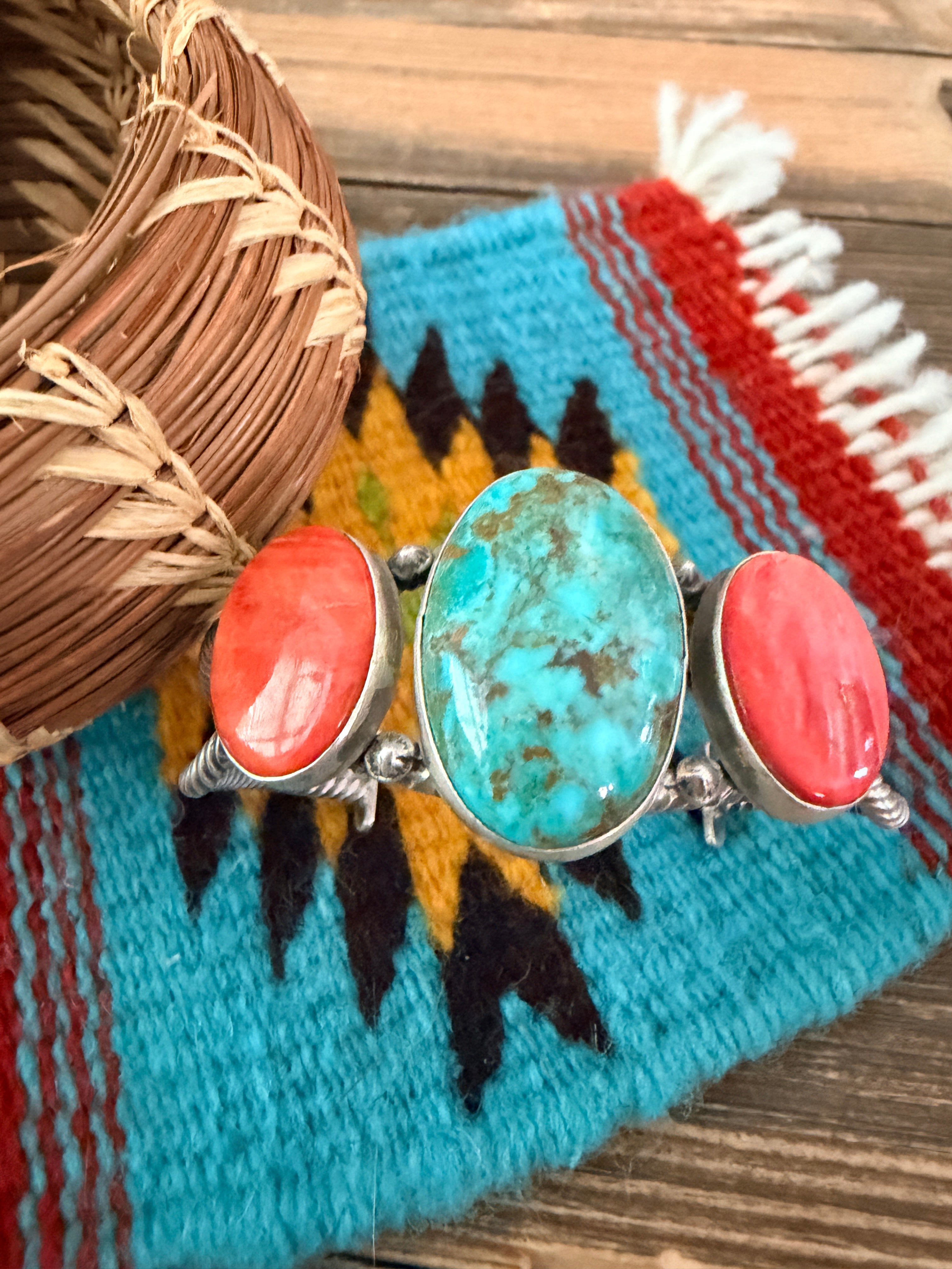 Handcrafted Spiny Oyster, Turquoise & Sterling Silver Cuff Bracelet by Patrick Yazzie