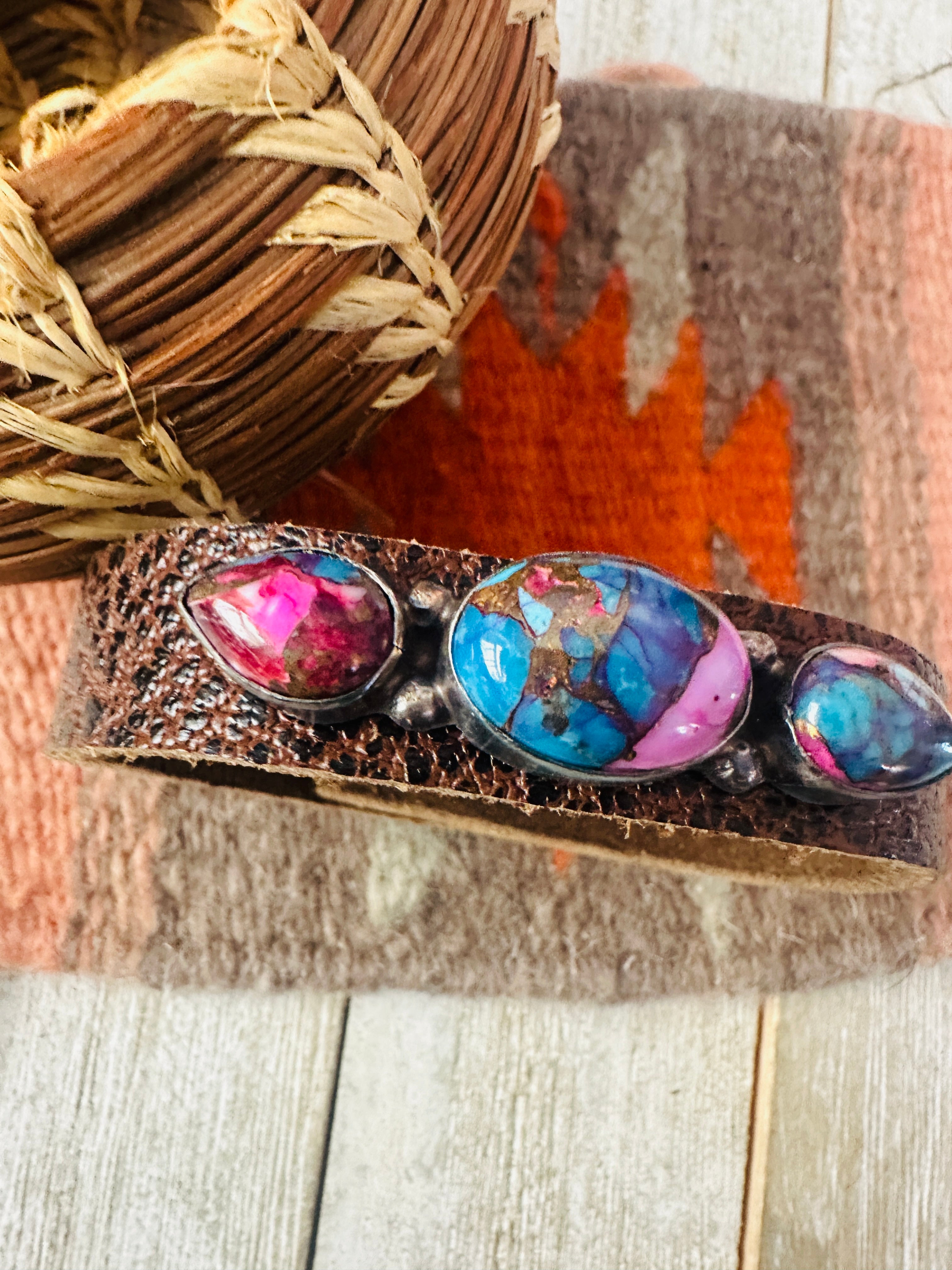 Handcrafted Pink Dream Mojave & Sterling Silver Leather Bracelet