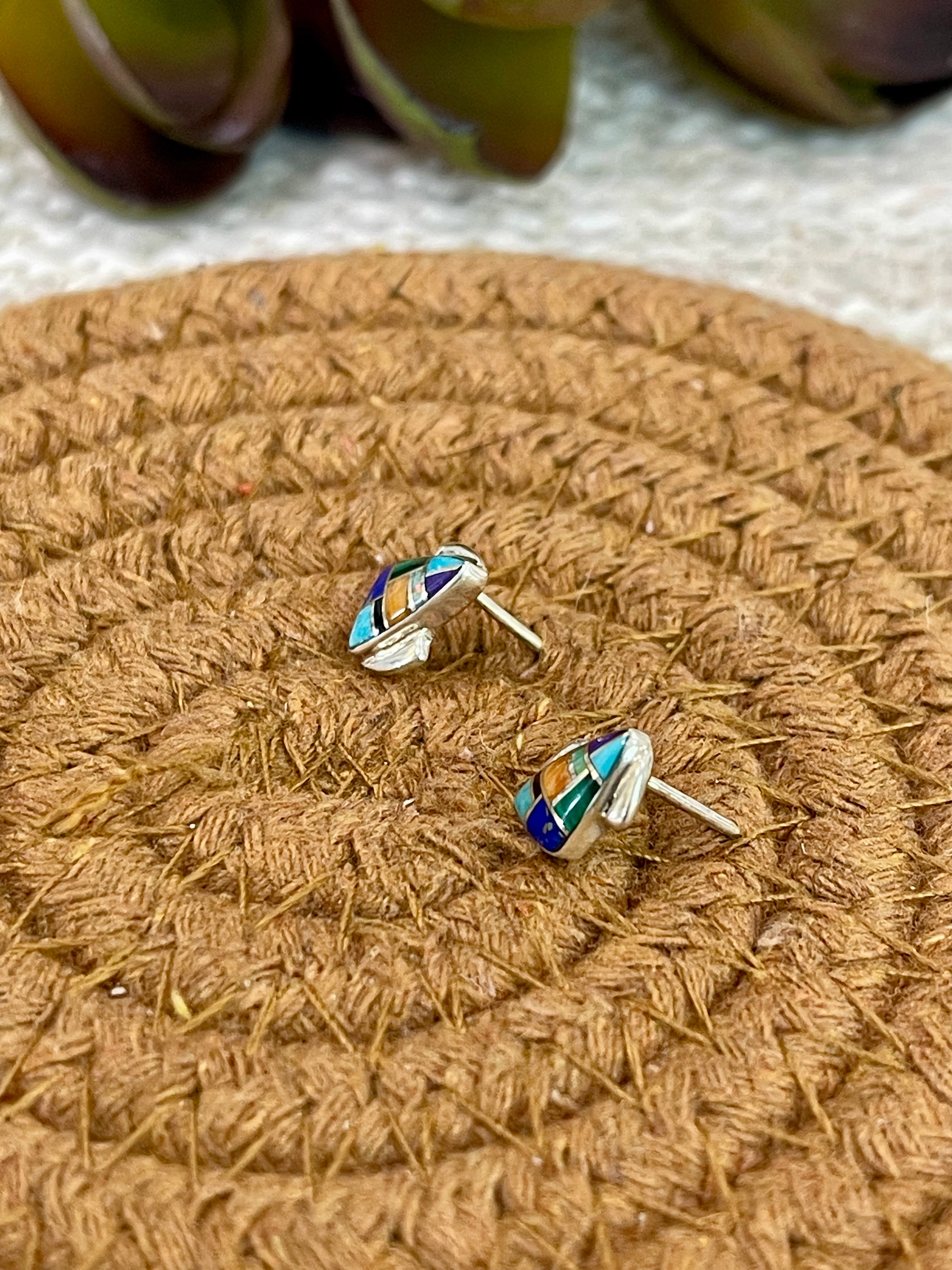 Gorgeous Handmade Sterling Silver & Multi Stone Inlay Stud Earrings