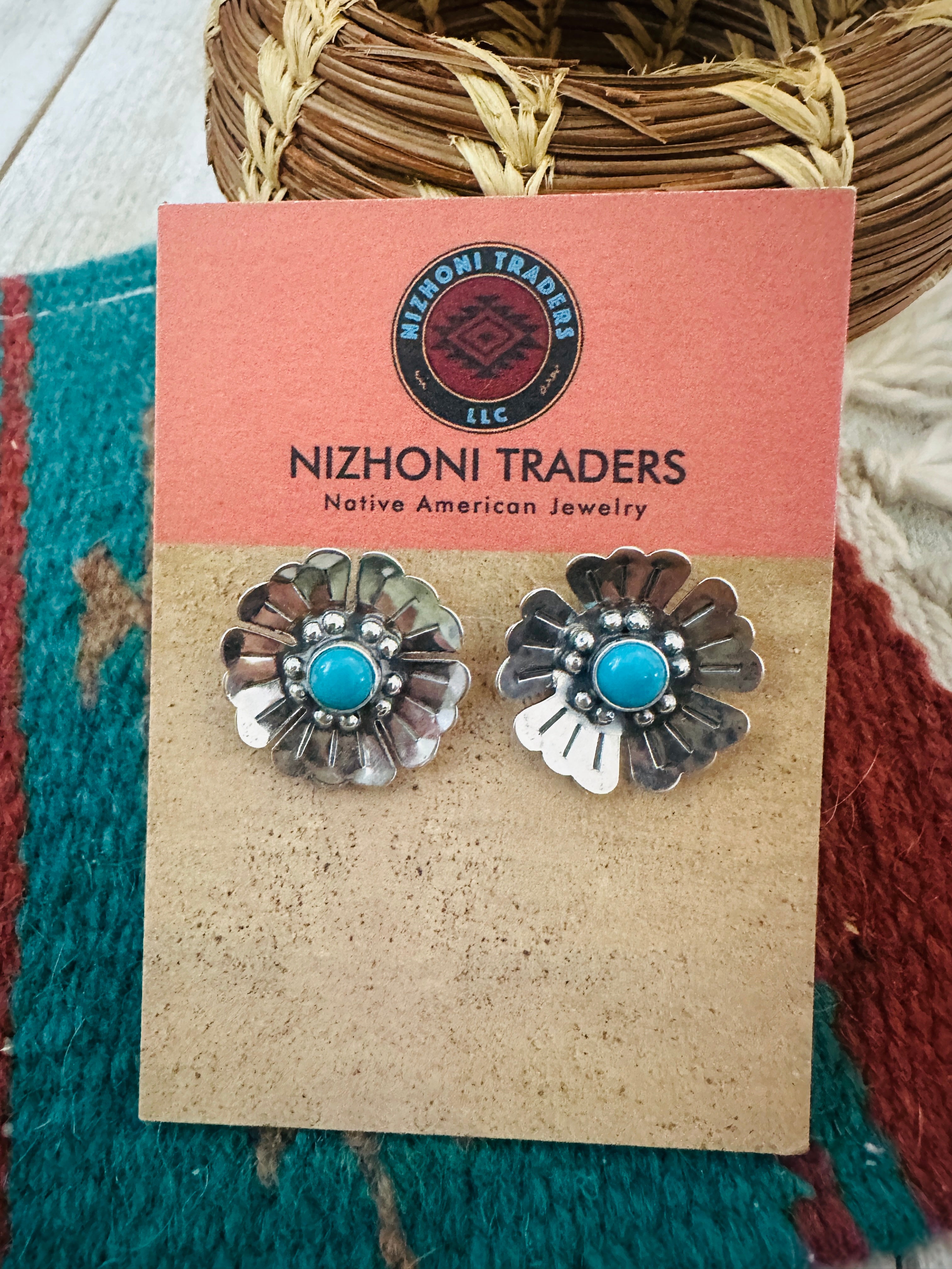 Sterling Silver & Turquoise Flower Stud Earrings
