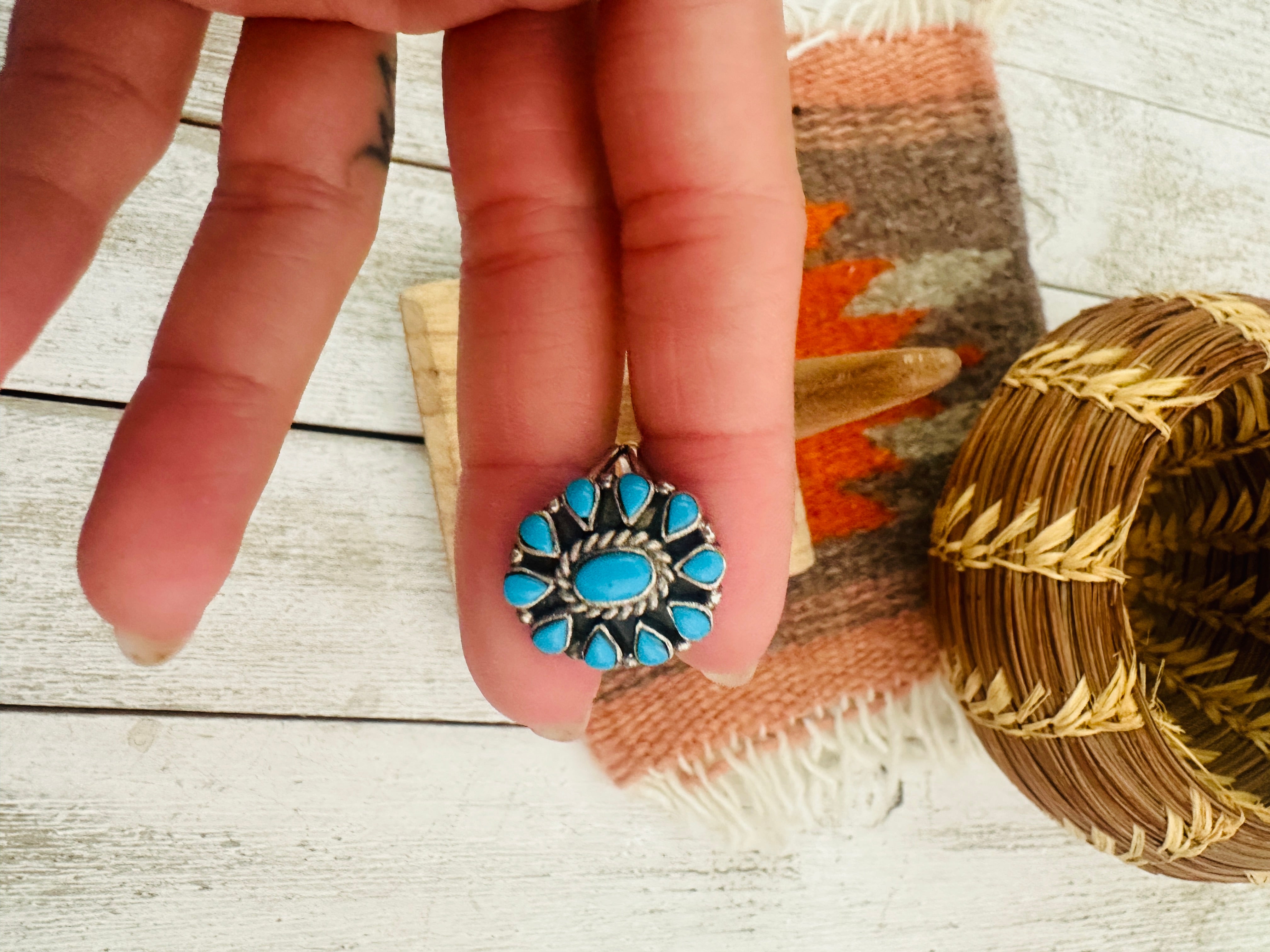 Navajo Turquoise & Sterling Silver Cluster Ring Size 7.25