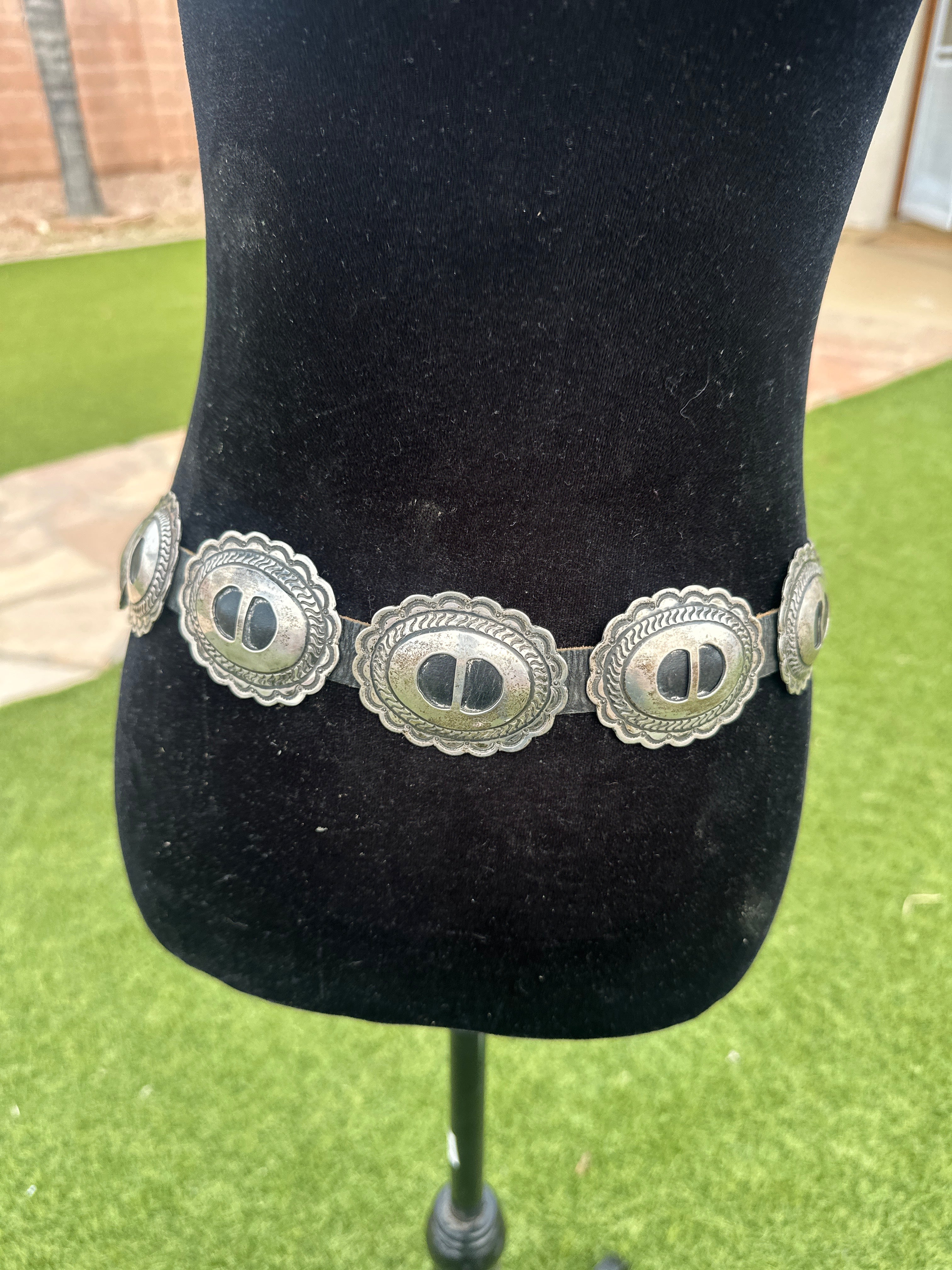 Vintage Handmade Black And Silver Concho Belt Unisex Handcrafted Vintage Black Leather And Sterling Silver  main image 4