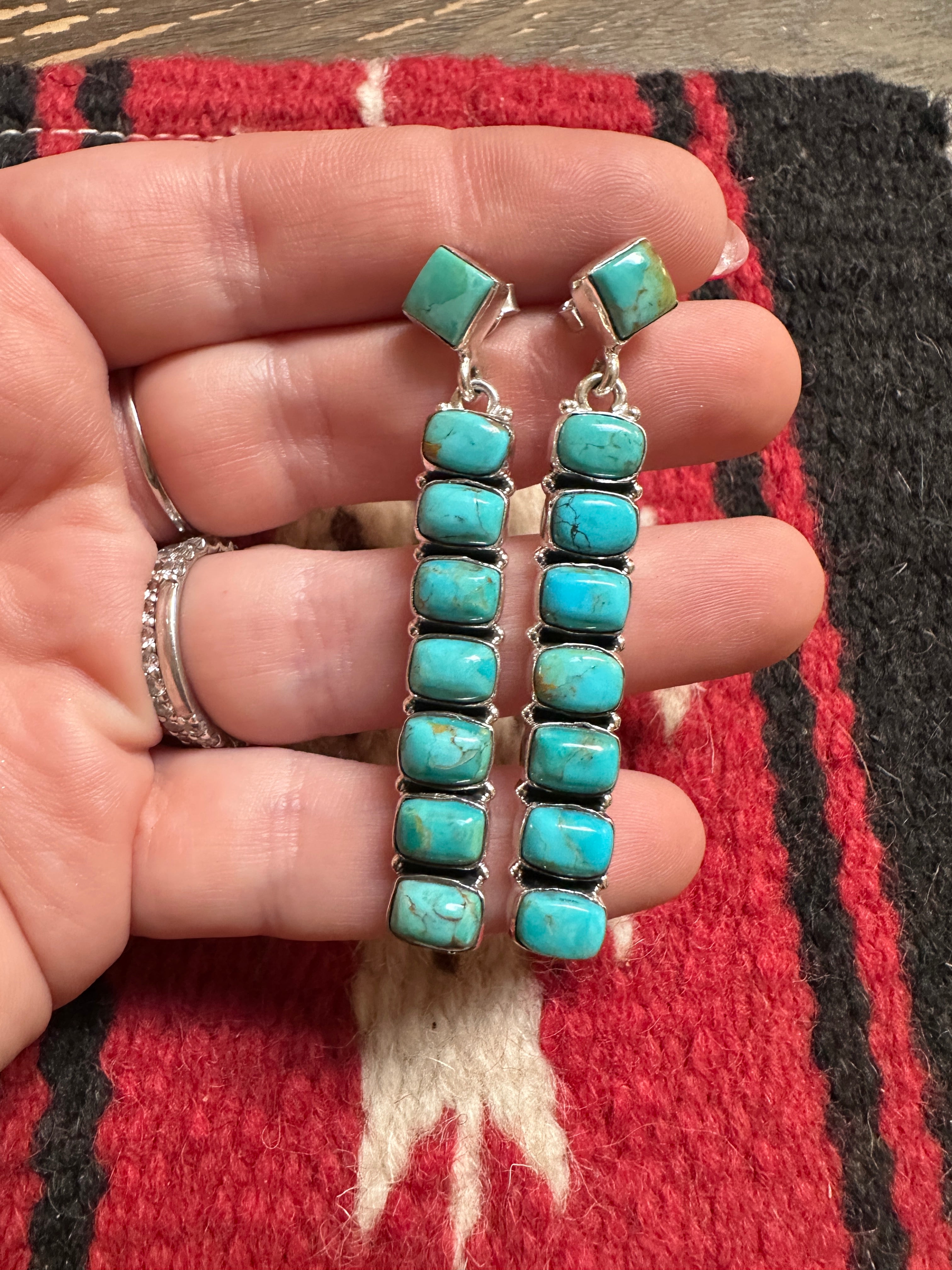 Handmade Turquoise & Sterling Silver Post Dangle Rectangle Earrings