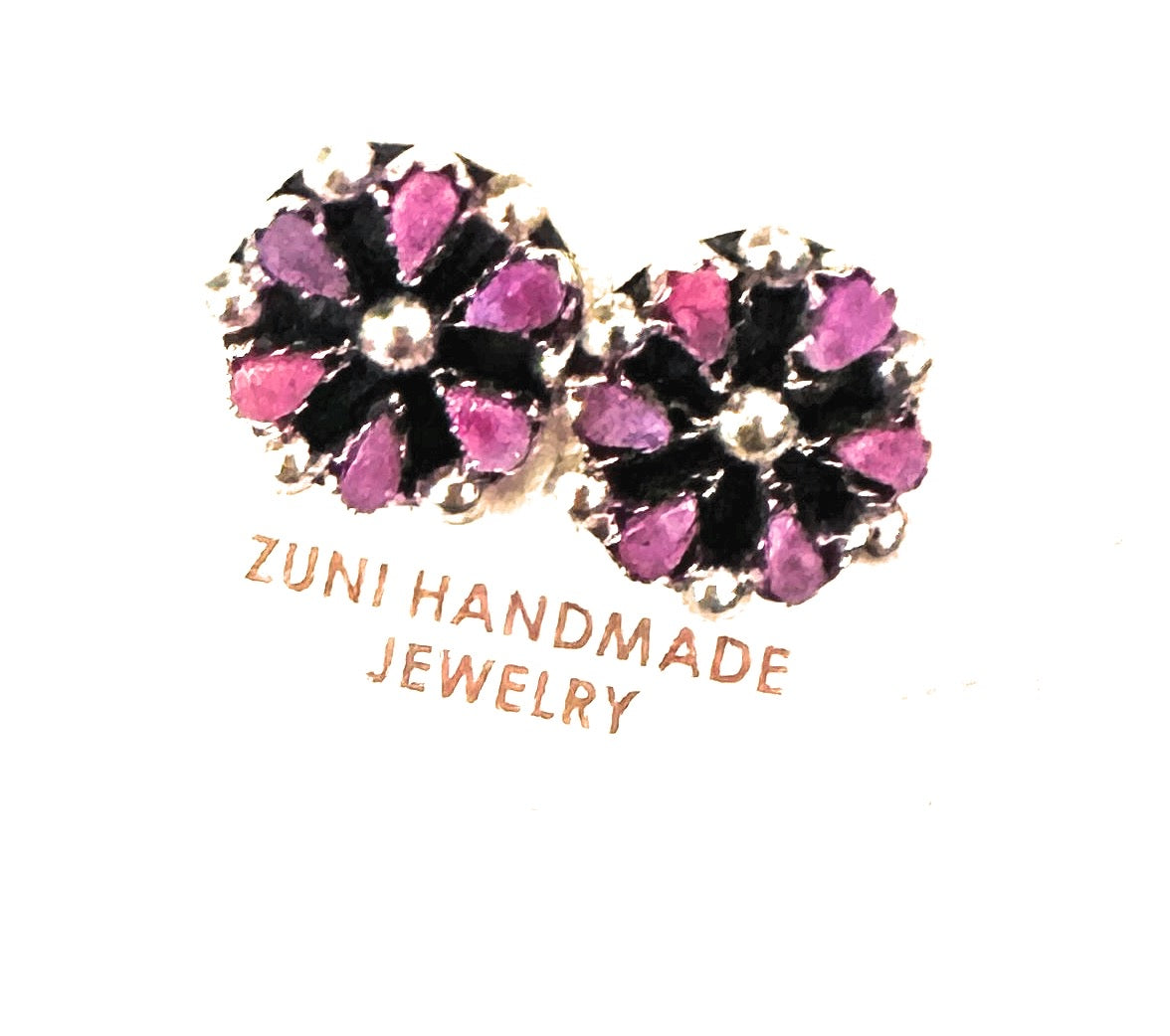 Zuni Pink Opal & Sterling Silver Flower Stud Earrings