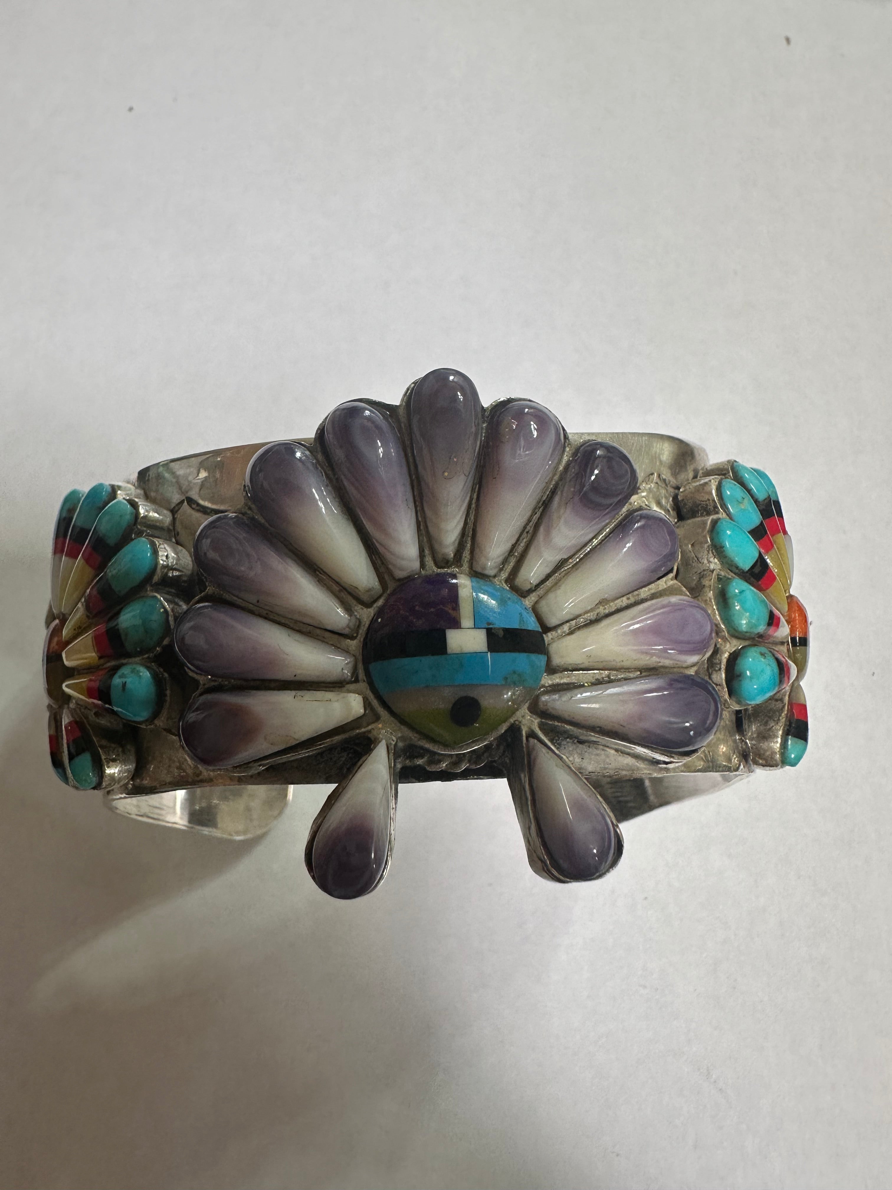 Handmade Sterling Silver Multi Stone Southwest Inlay Sunface Cuff