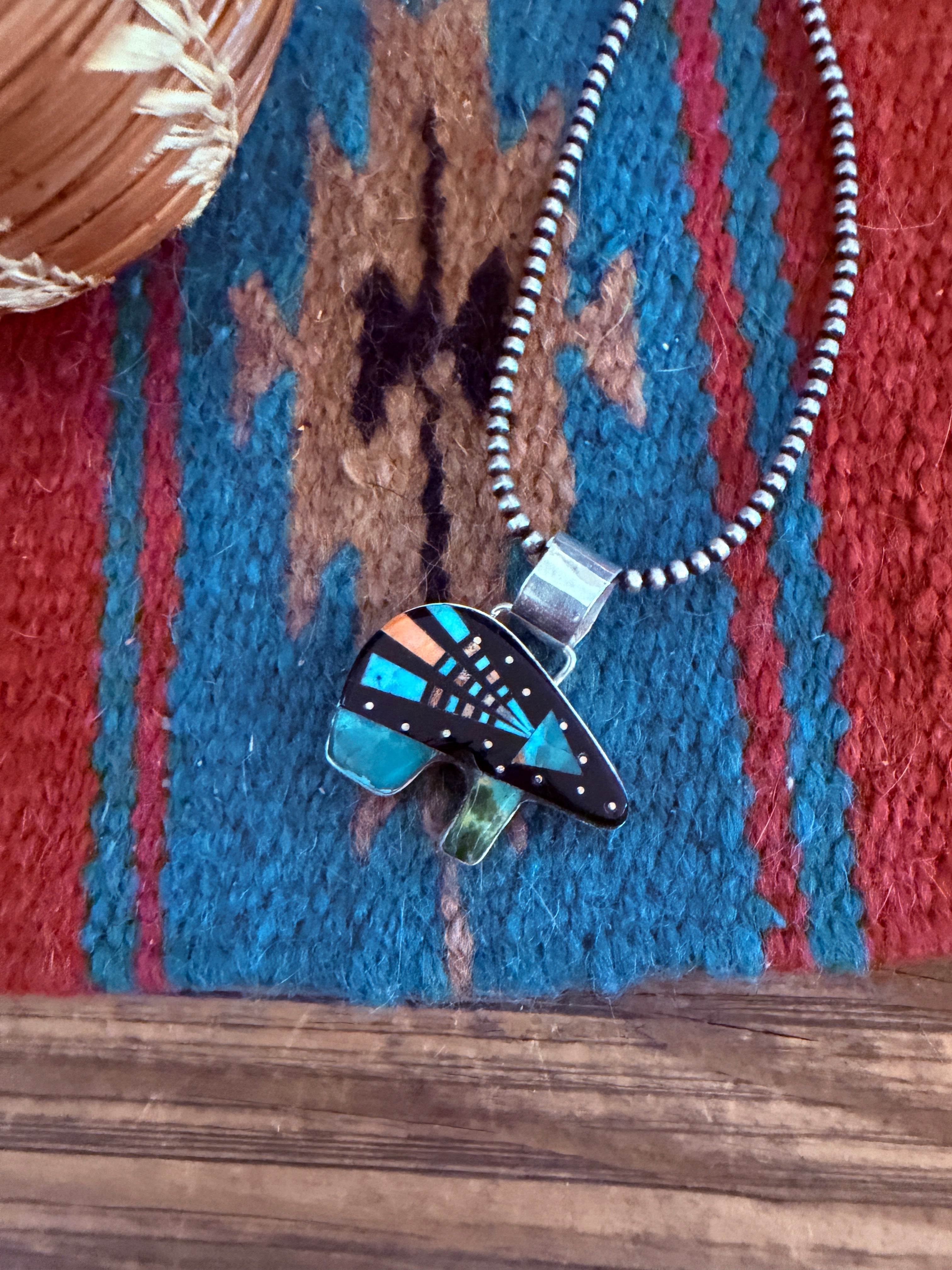 Handcrafted Sterling Silver and Multi Stone Inlay Bear Pendant by Ray Jack