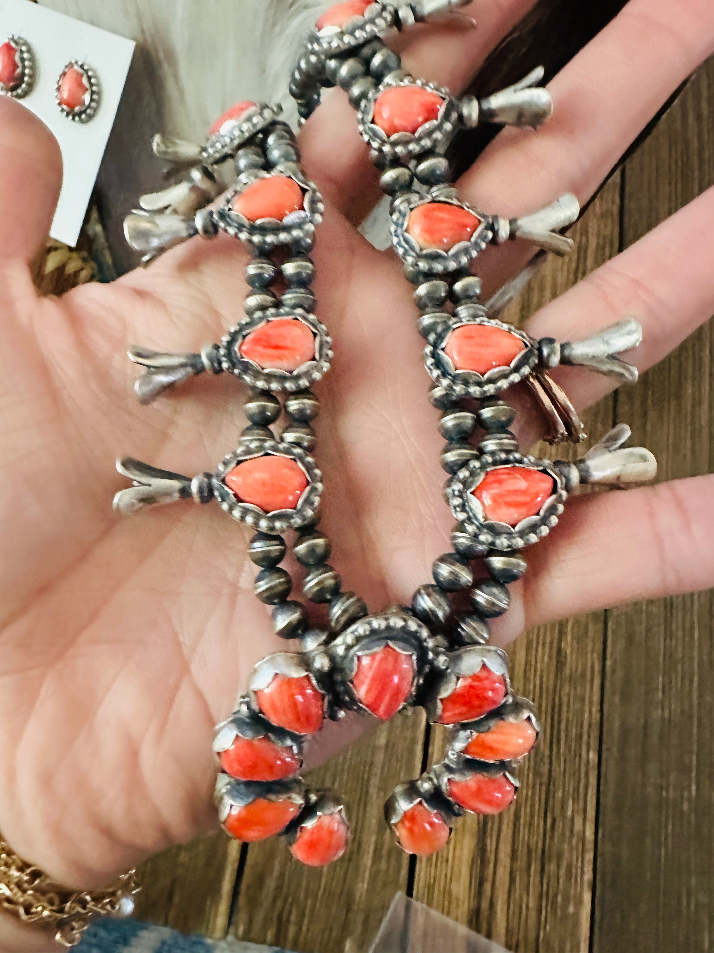 Handcrafted Sterling Silver & Spiny Oyster Squash Blossom Necklace Set