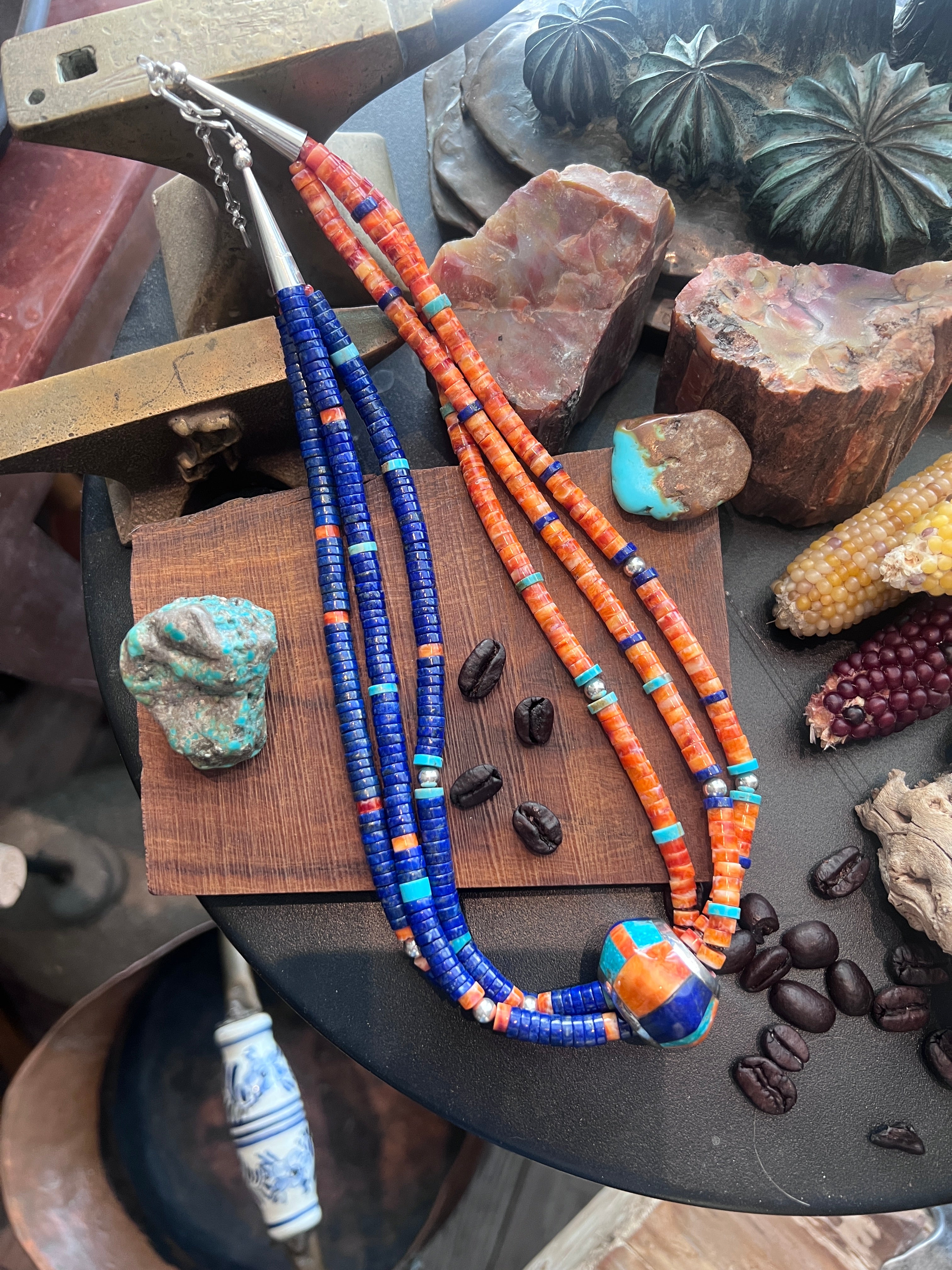 Daniel Coriz Triple Strand Lapis, Spiny Oyster and Turquoise Beaded Necklace w/ Removable Sterling Silver & Stone Inlay Bead