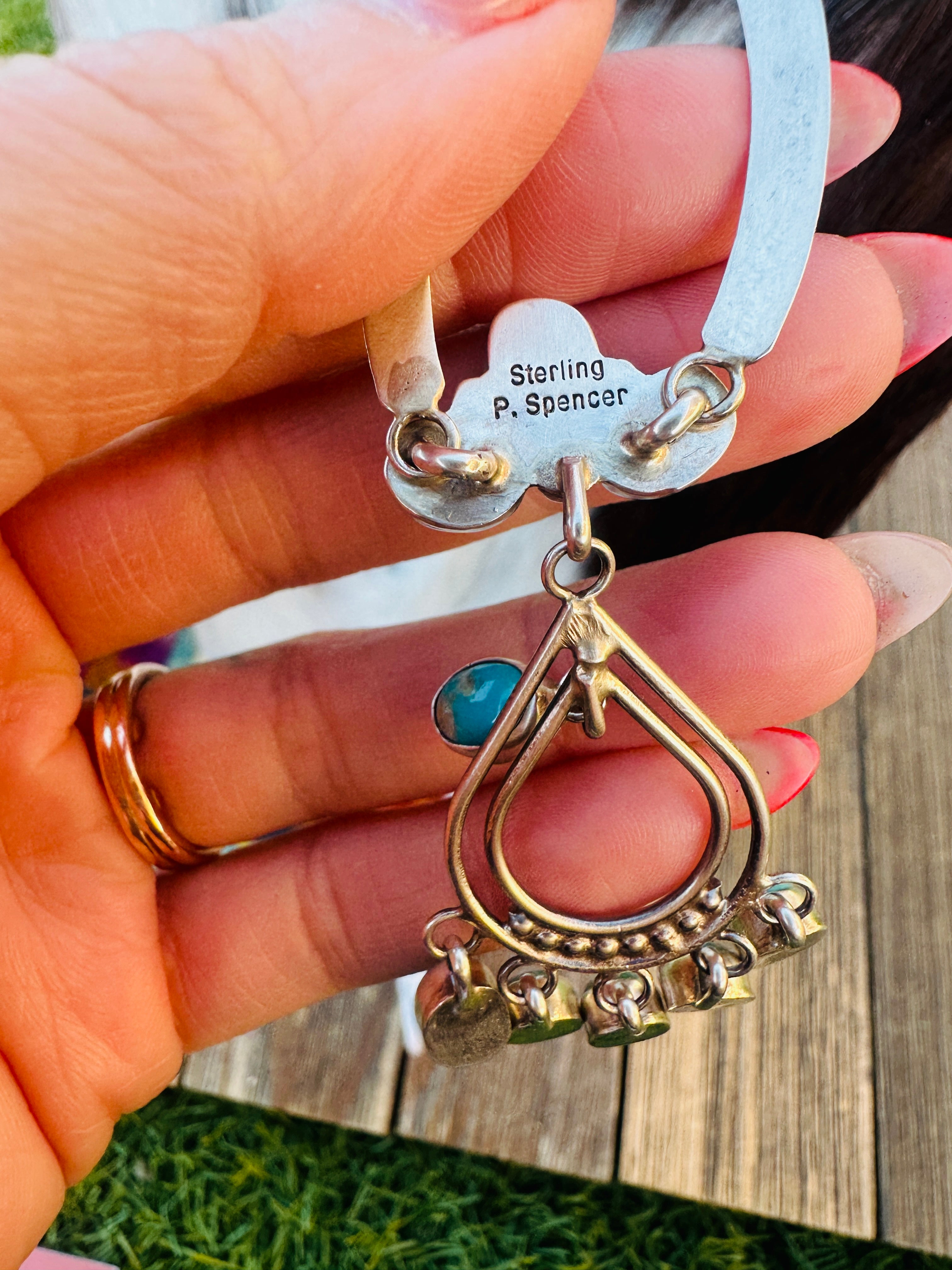 Handcrafted Turquoise & Sterling Silver Chandelier Necklace by Pearlene Spencer