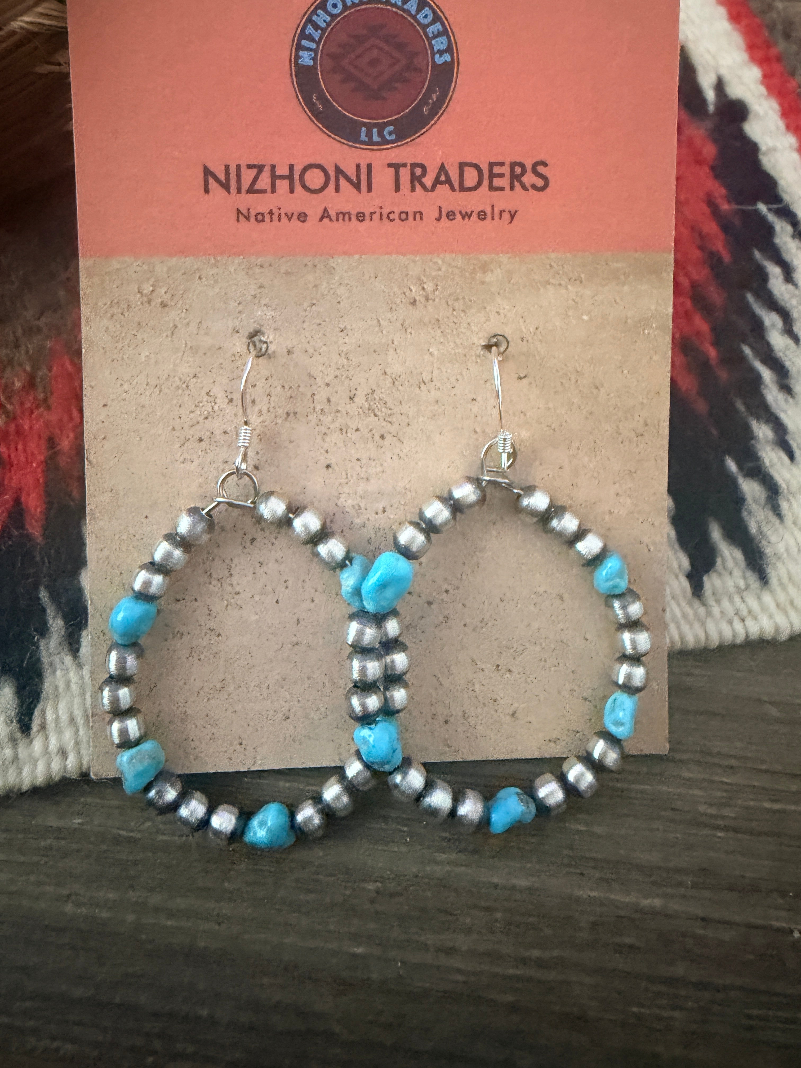 Handcrafted Sterling Silver Pearl & Turquoise Dangle Hoop Earrings
