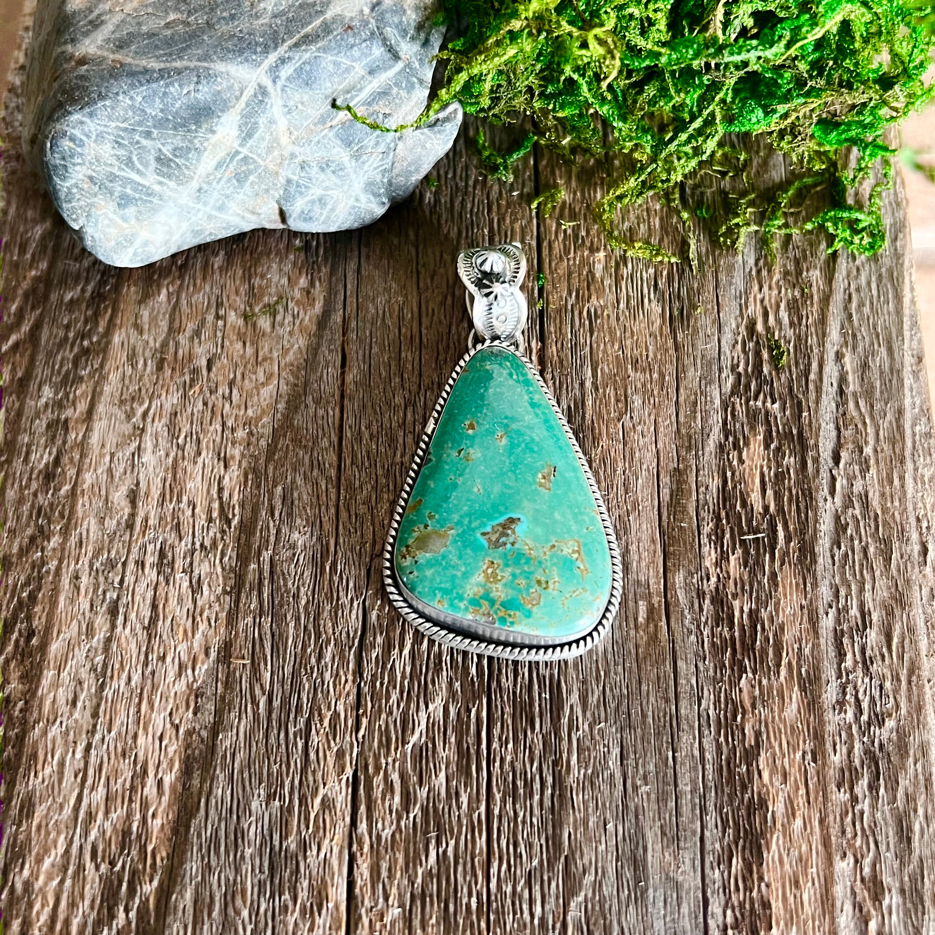 Handmade Green Turquoise Tear Drop Sterling Silver Pendant