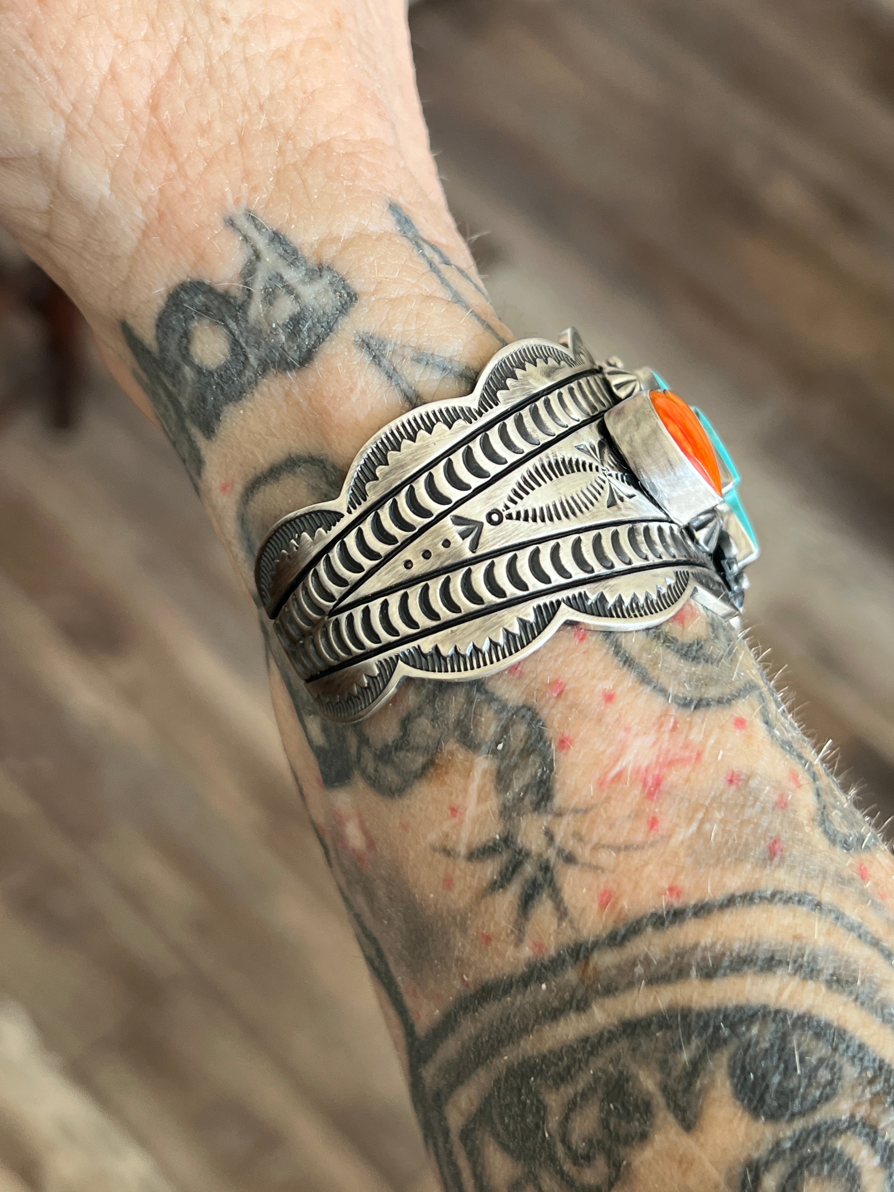 Handcrafted Sterling Silver, Kingman Turquoise and Spiny Oyster Santa Fe Cross Cuff Bracelet by Murphy Platero