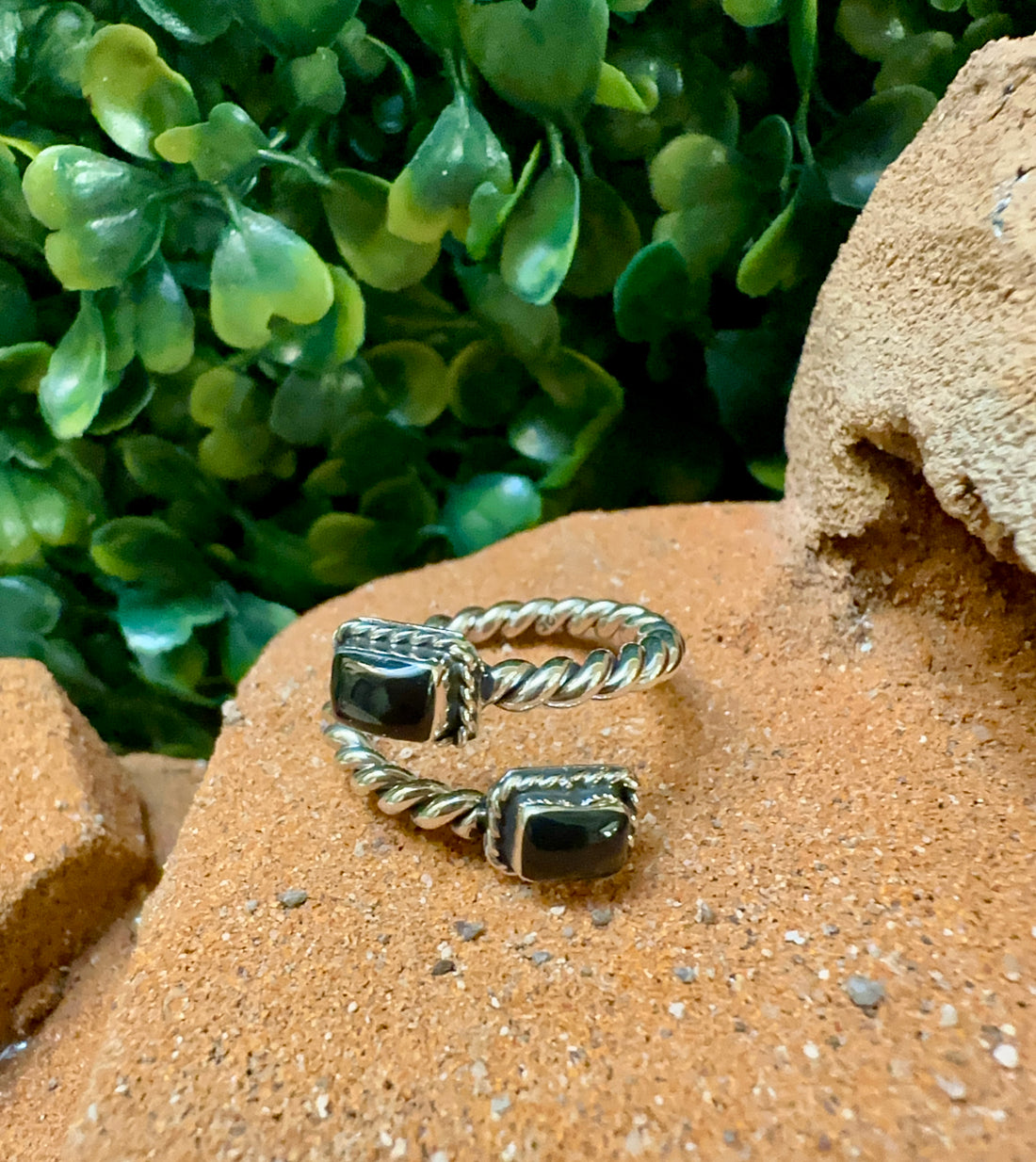 Black Onyx 2 Stone & Sterling Silver Adjustable Ring