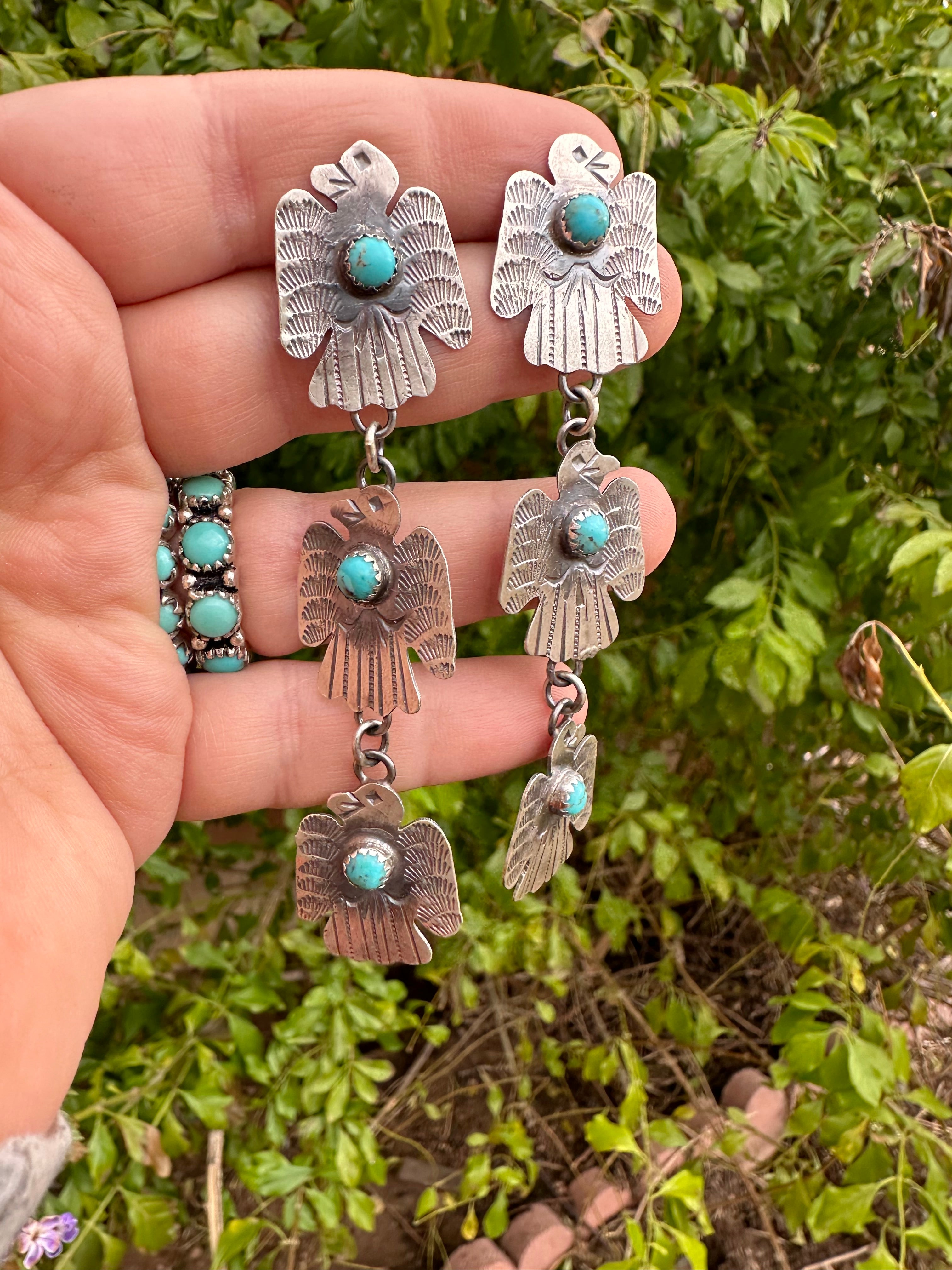 Navajo Sterling Silver & Turquoise Thunderbird Dangle Earrings