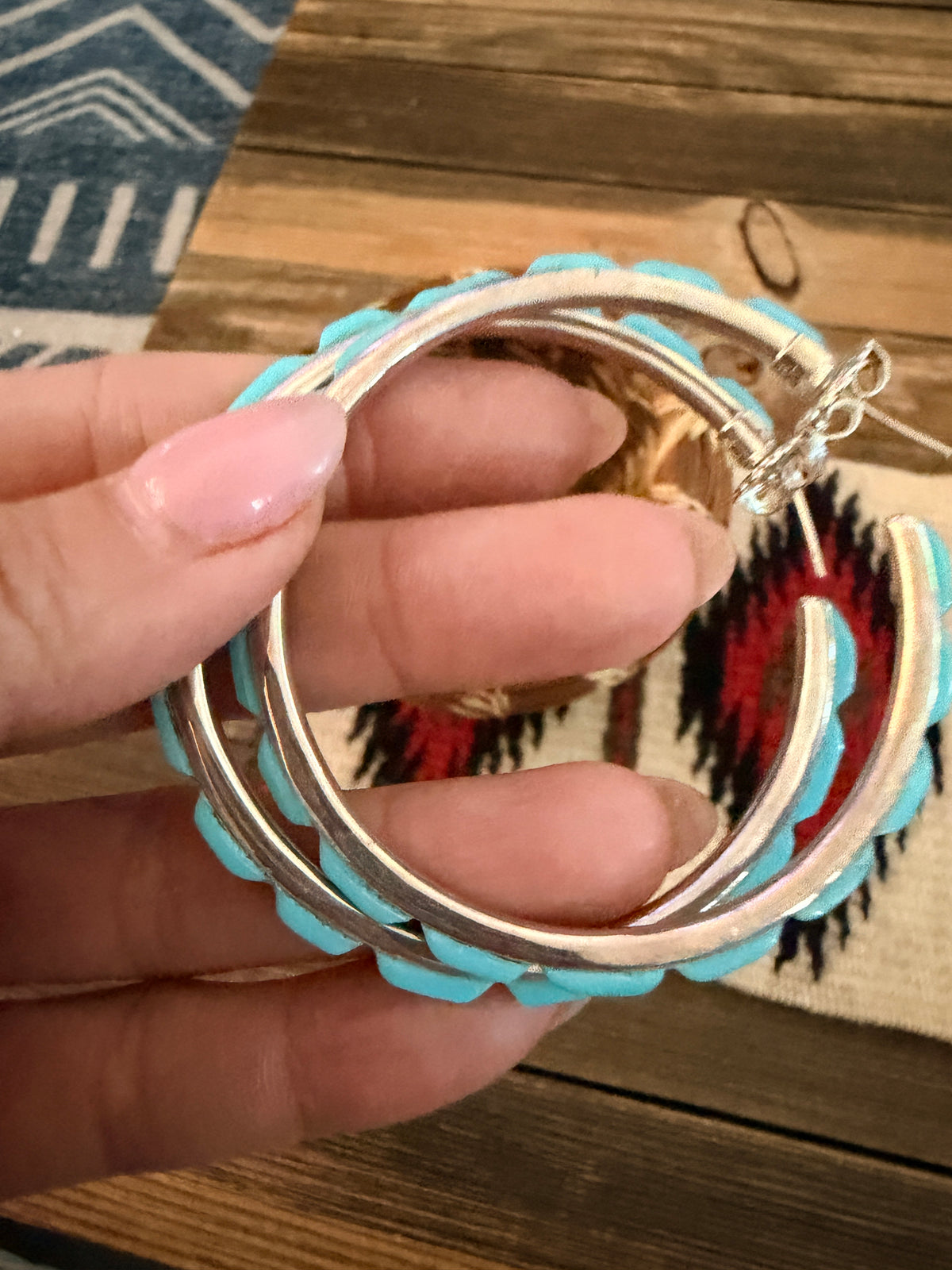 Handcrafted Turquoise & Sterling Silver Hoop Earrings by Federico Jimenez