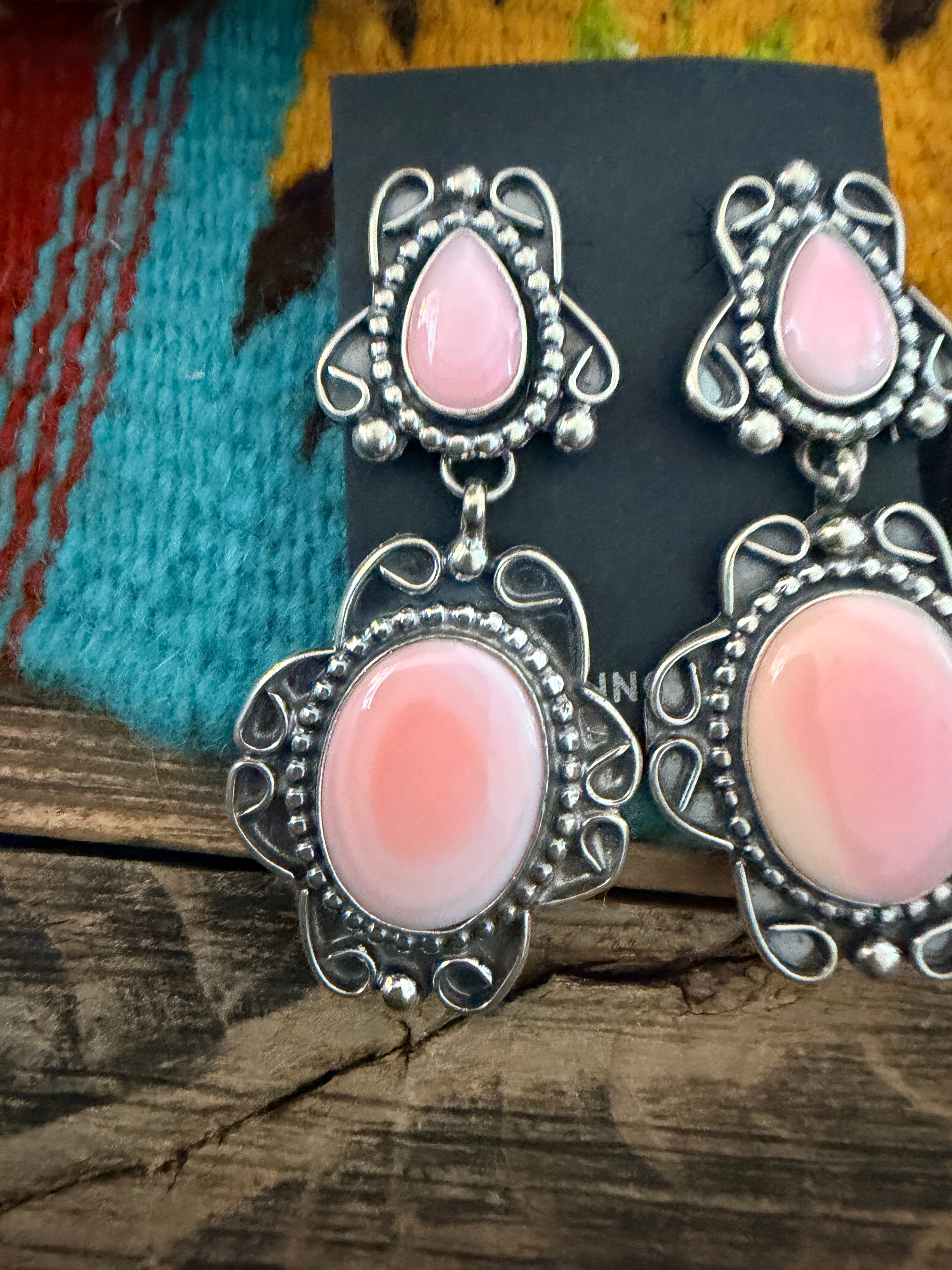 Handcrafted Queen Pink Conch & Sterling Silver Dangle Earrings