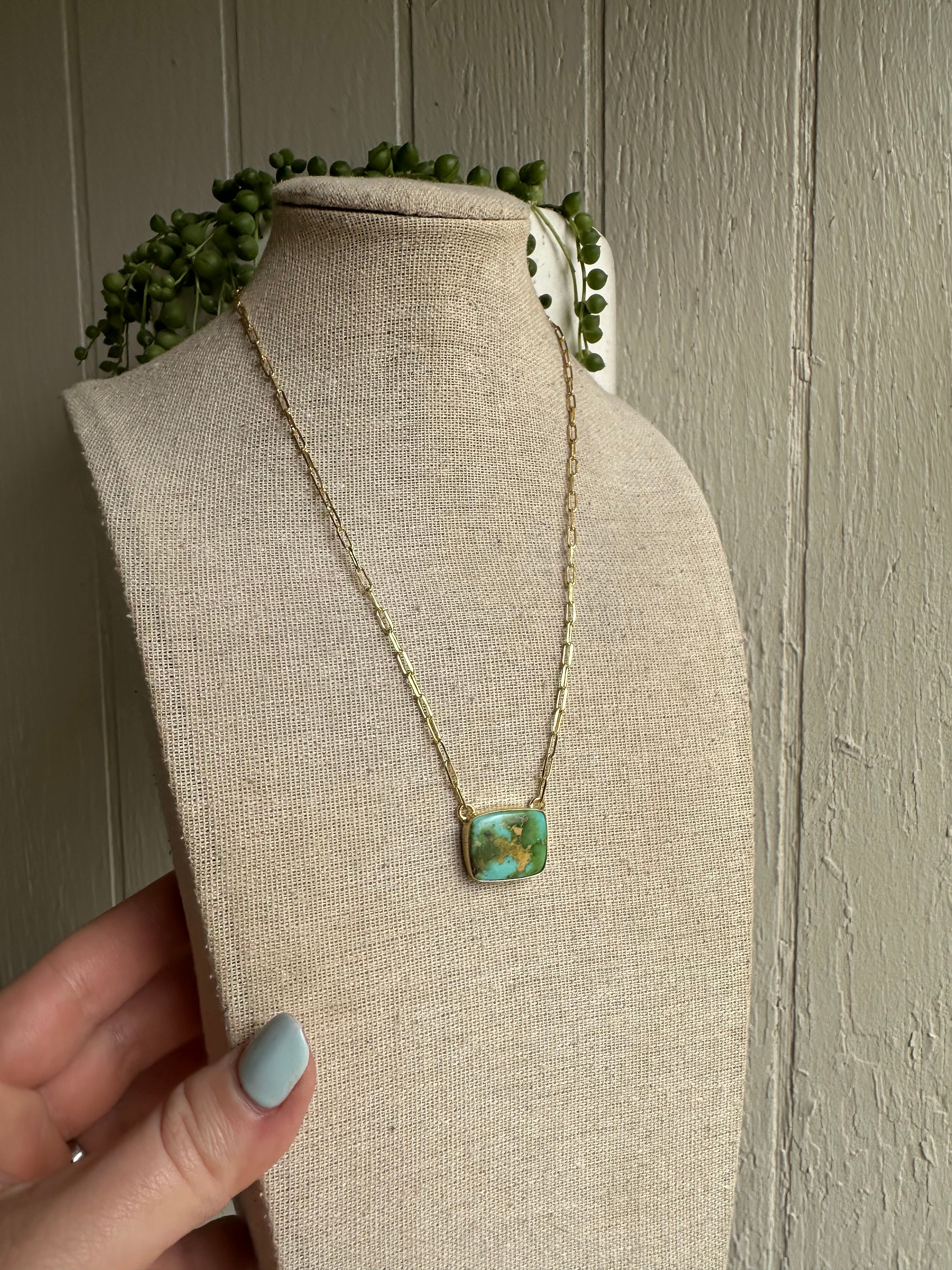 “The Golden Collection” GOLDEN MORNING Handmade Natural Sonoran Turquoise 14k Gold Plated Square Necklace