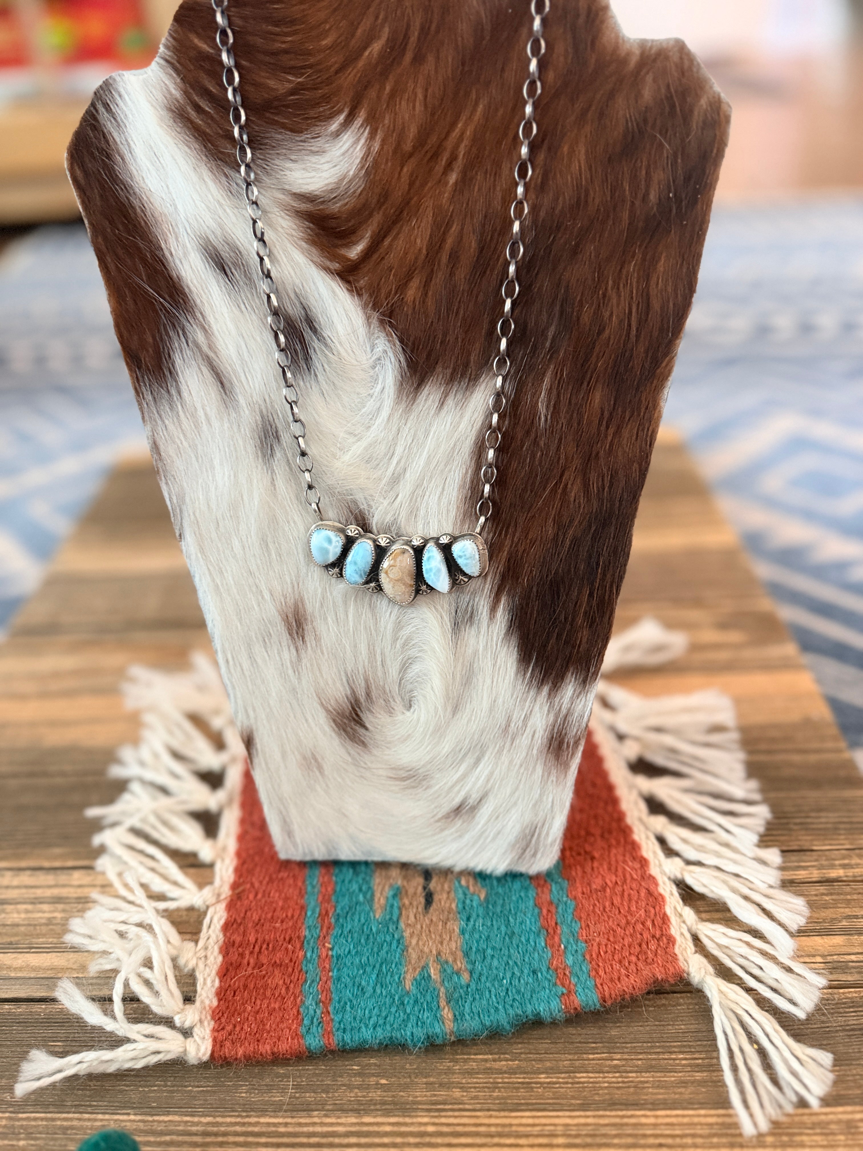 Handmade Sterling Silver, Larimar & Fossilized Coral Necklace Necklace