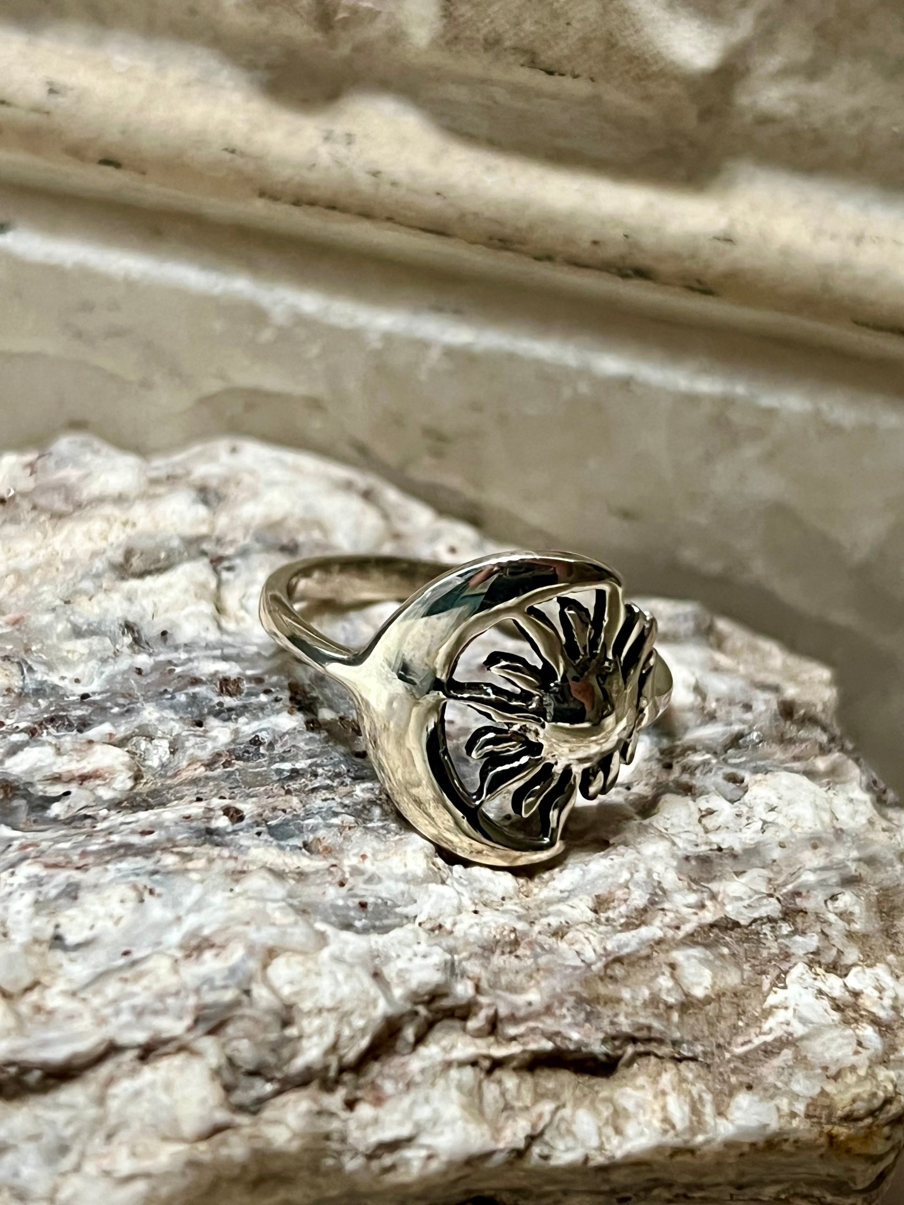 Sun and Crescent Moon Sterling Silver Ring