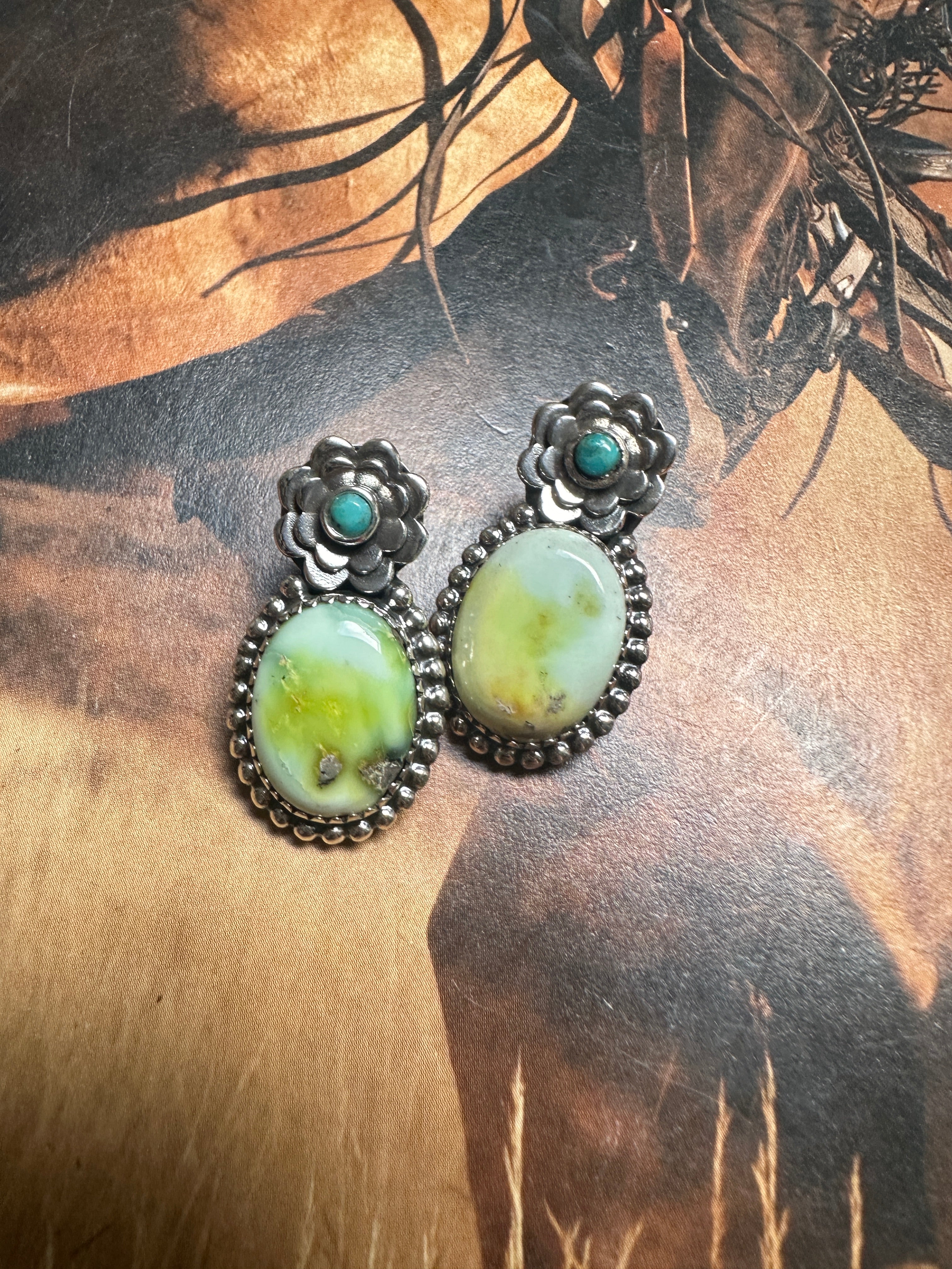 Handmade Palomino Turquoise, Kingman Turquoise & Sterling Silver 2 Stone Earrings