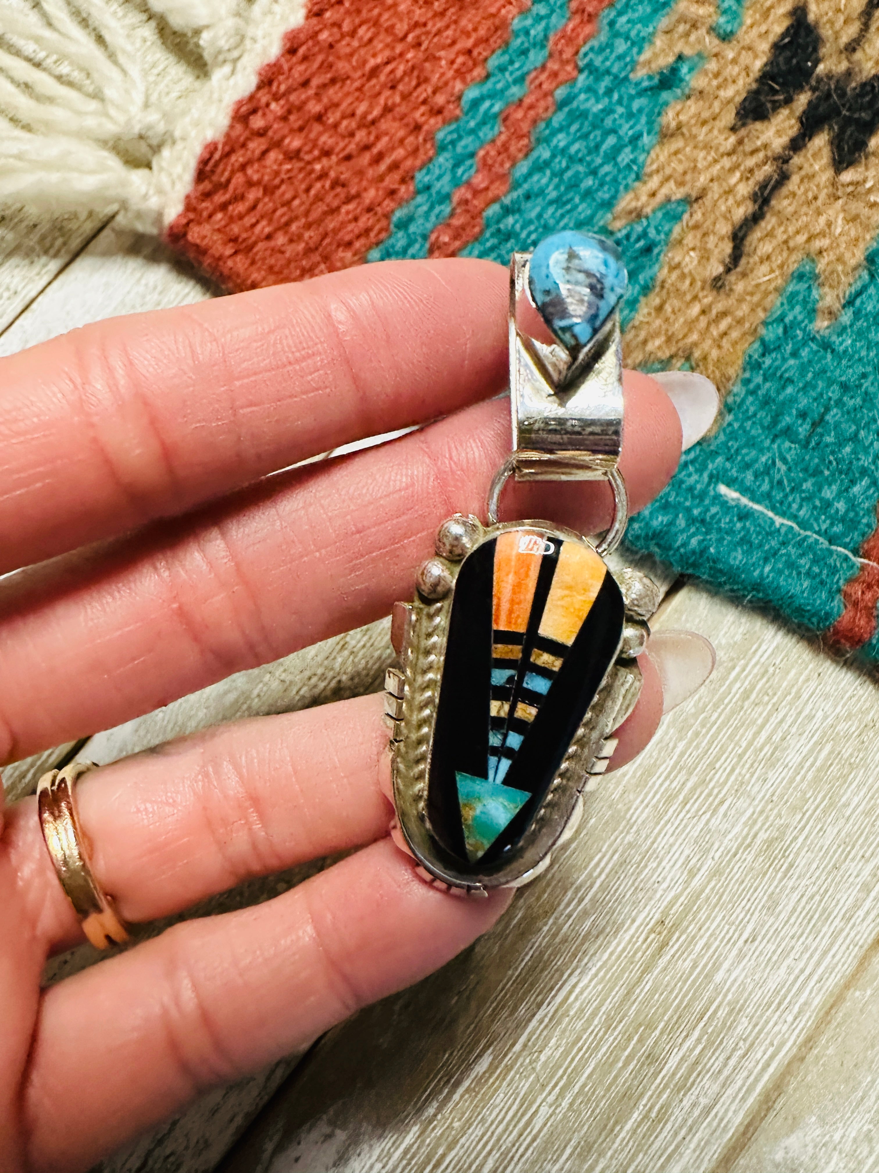 Handcrafted Sterling Silver and Multi Stone Inlay Pendant by Ray Jack