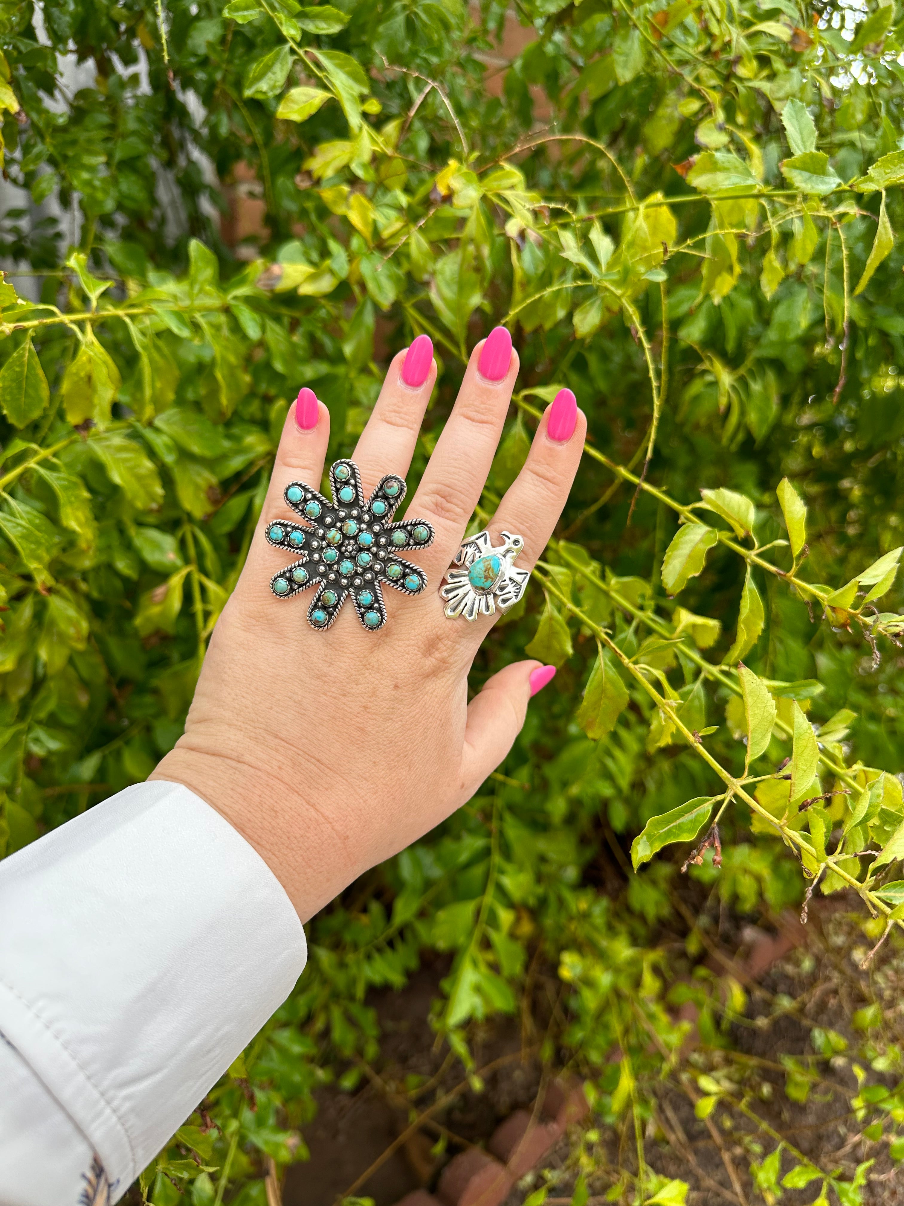 Handmade Turquoise and Sterling Silver Adjustable Flower Statement Ring