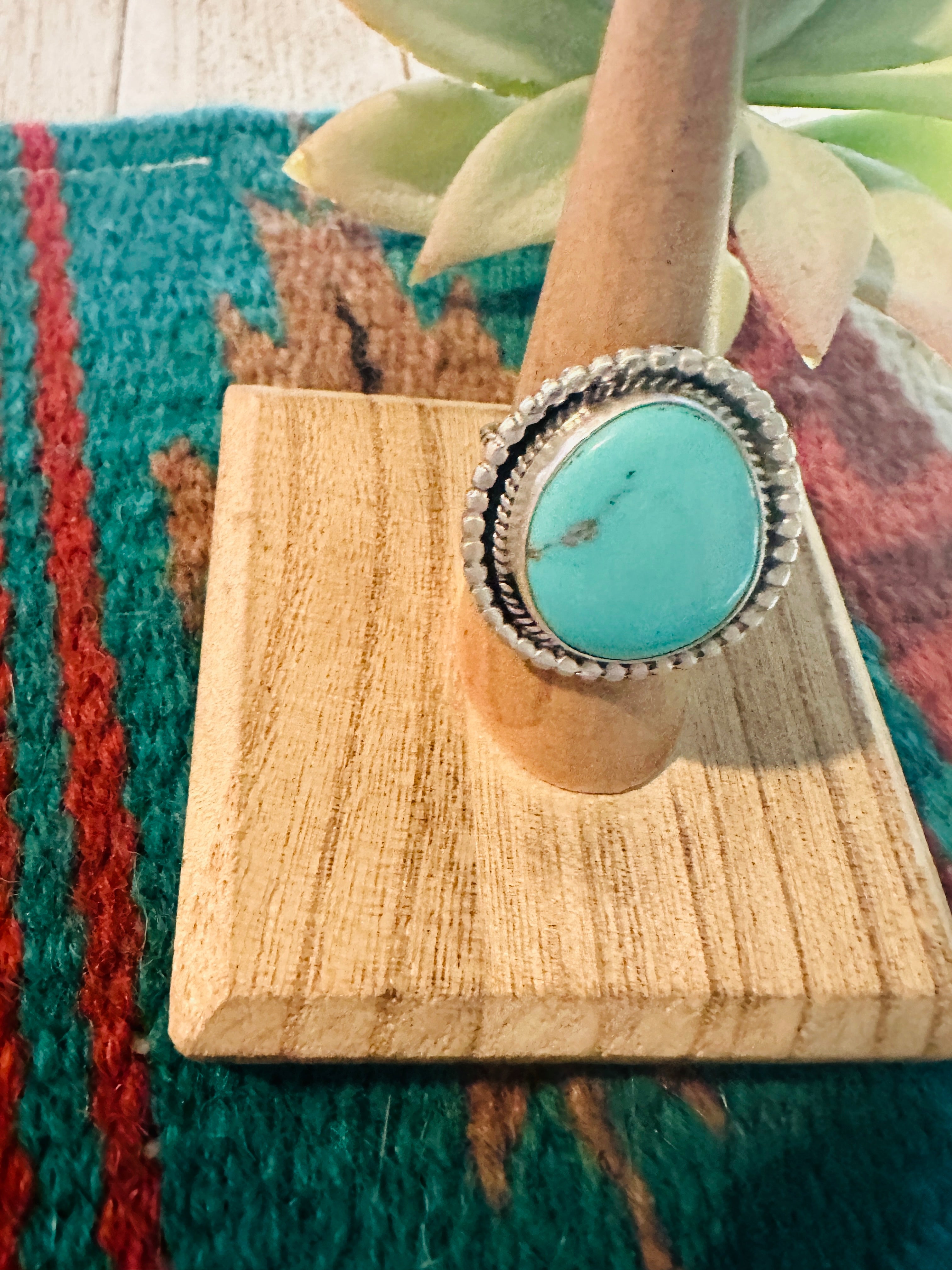 Navajo Morenci Turquoise & Sterling Silver Ring Size 8 Signed