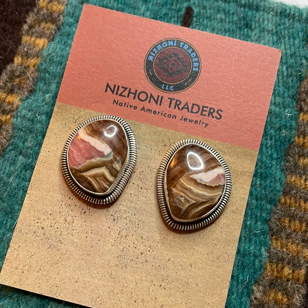 Navajo Sterling Silver & Rhodochrosite Stone Post Earrings