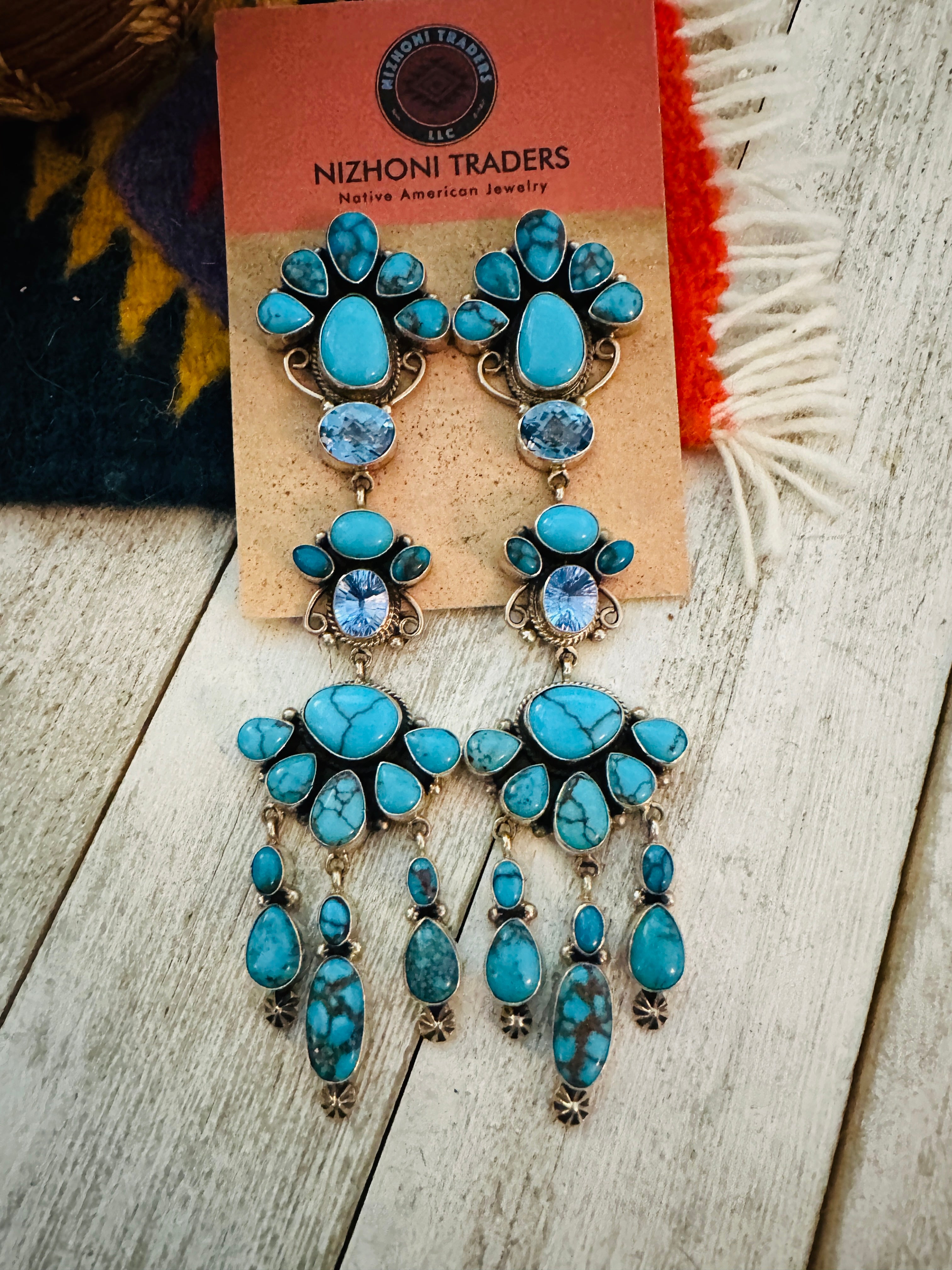 Navajo Turquoise, Topaz & Sterling Silver Chandelier Dangle Earrings