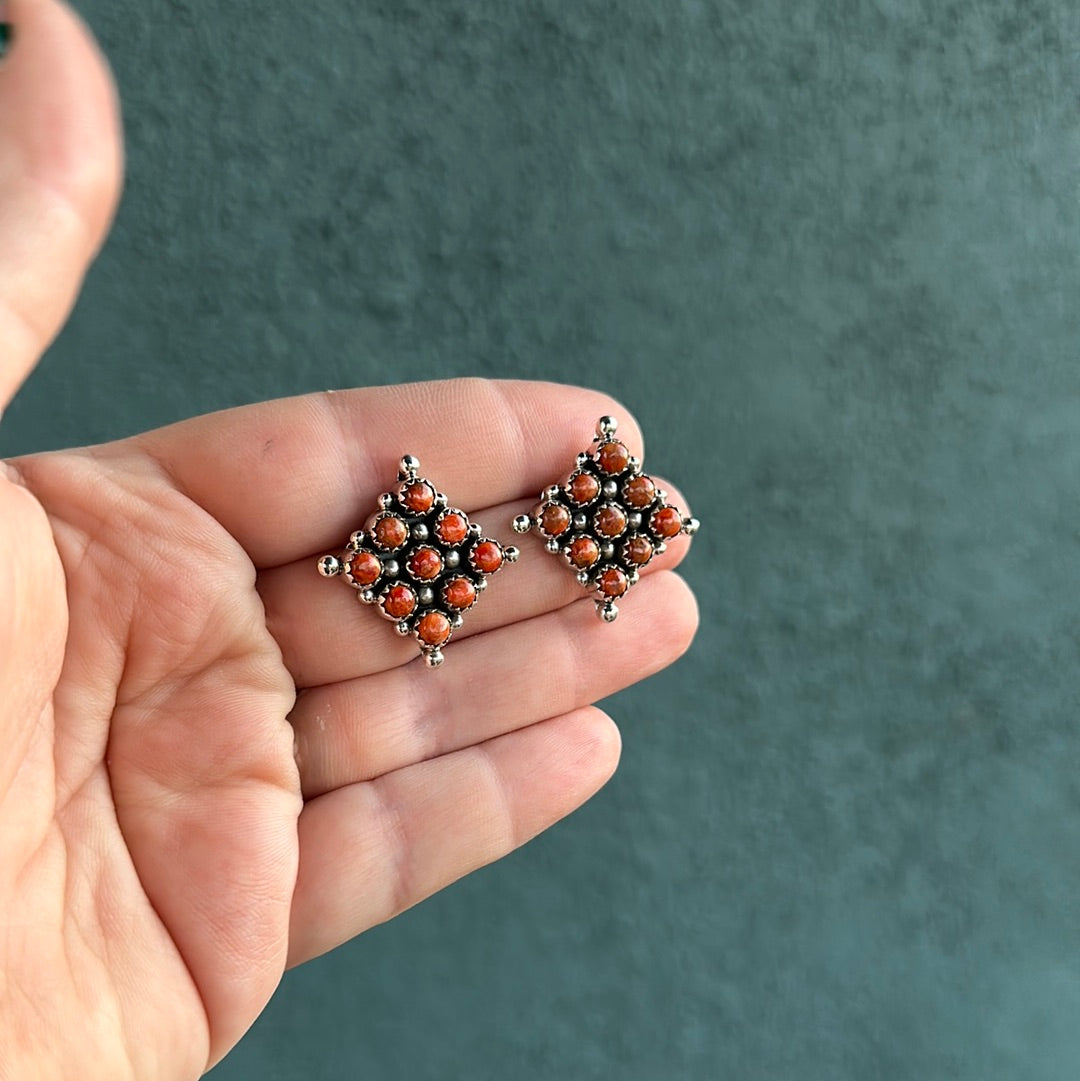 “Cowgirl Whispers” Handmade Orange Mojave And Sterling Silver Post Earrings Signed Nizhoni