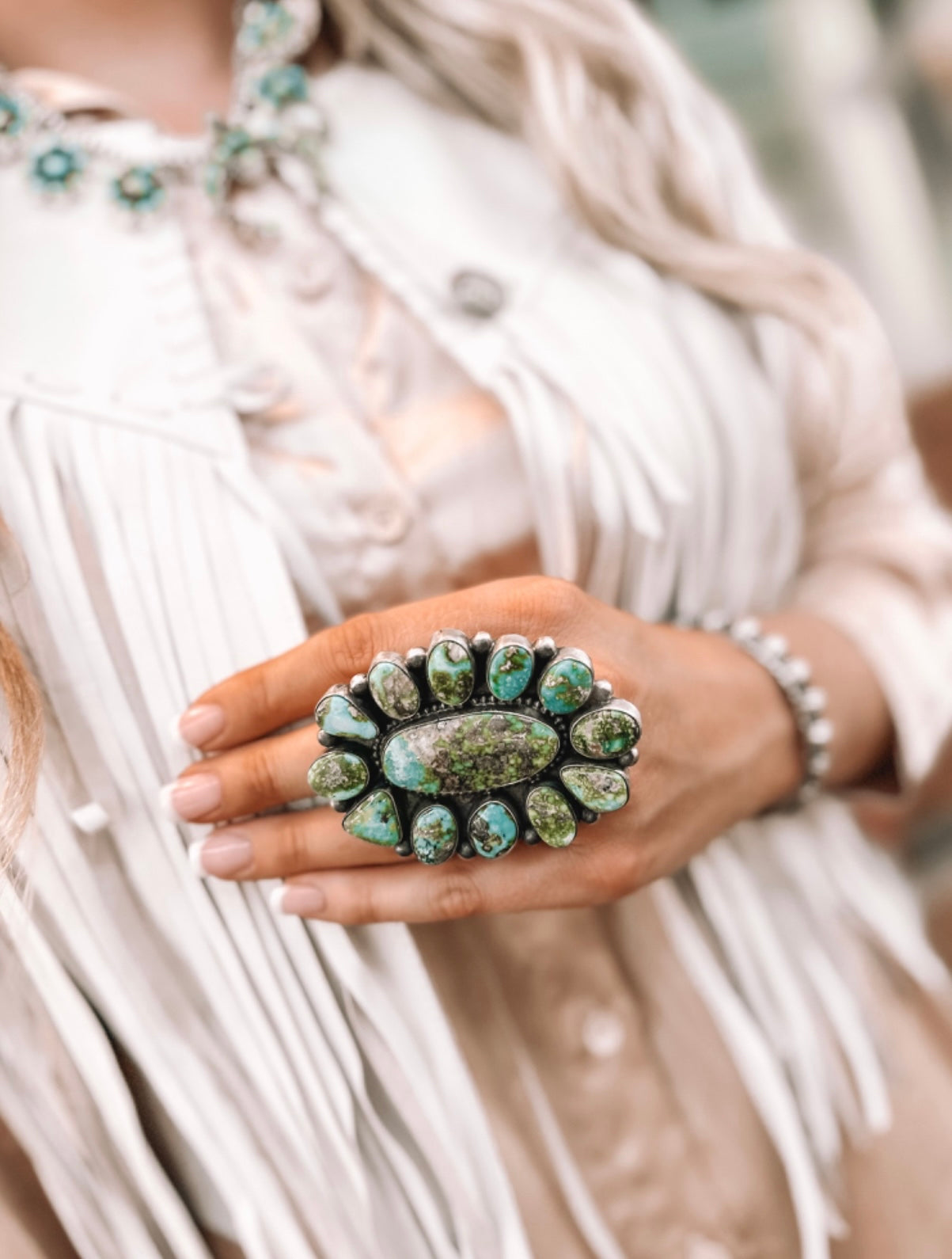 Navajo Sonoran Mountain Turquoise & Sterling Silver Ring Size 7.5. Signed TRAVIS J