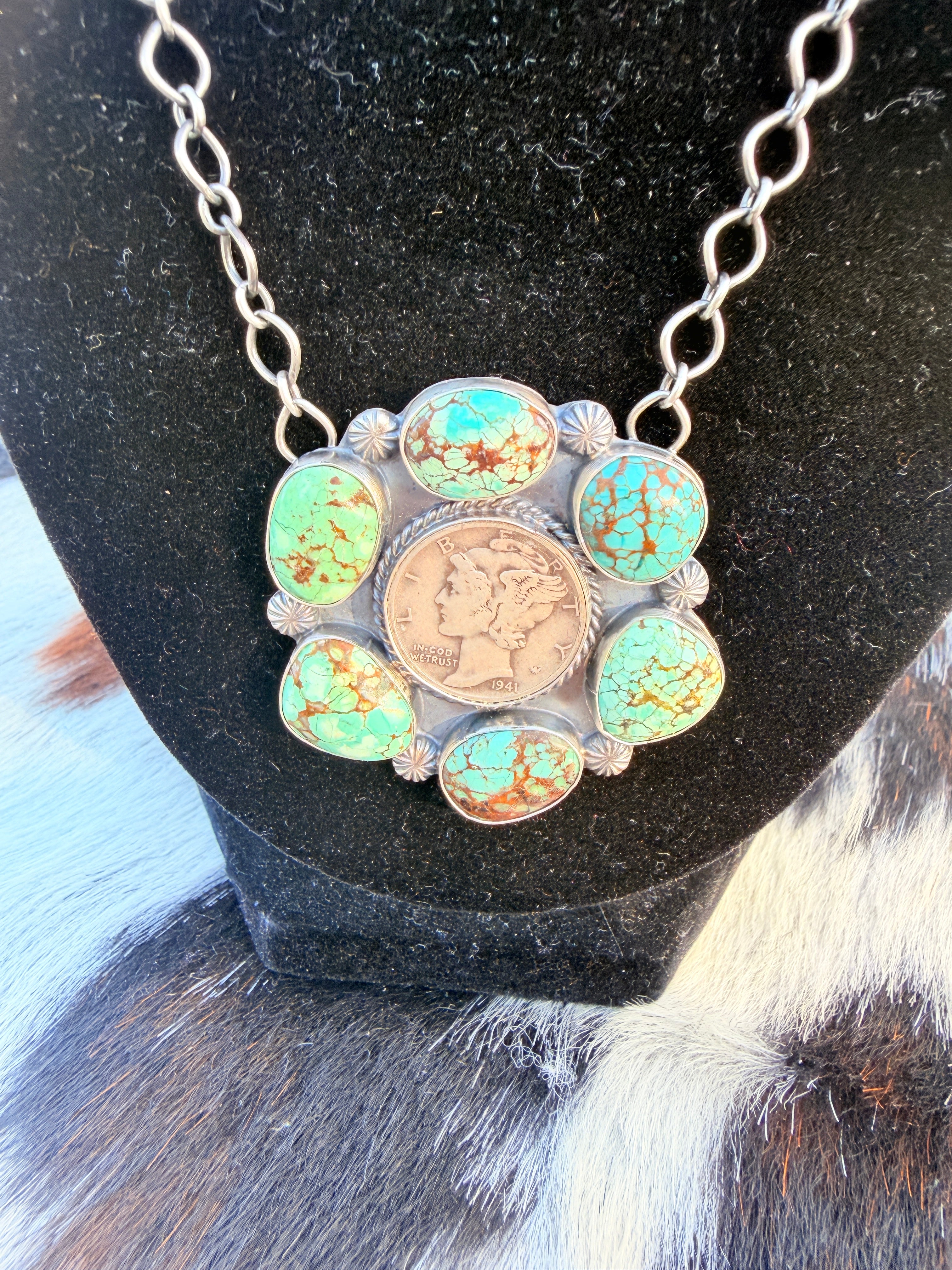 Handcrafted Number 8 Turquoise & Sterling Silver Liberty Dime Necklace by Sheila Tso