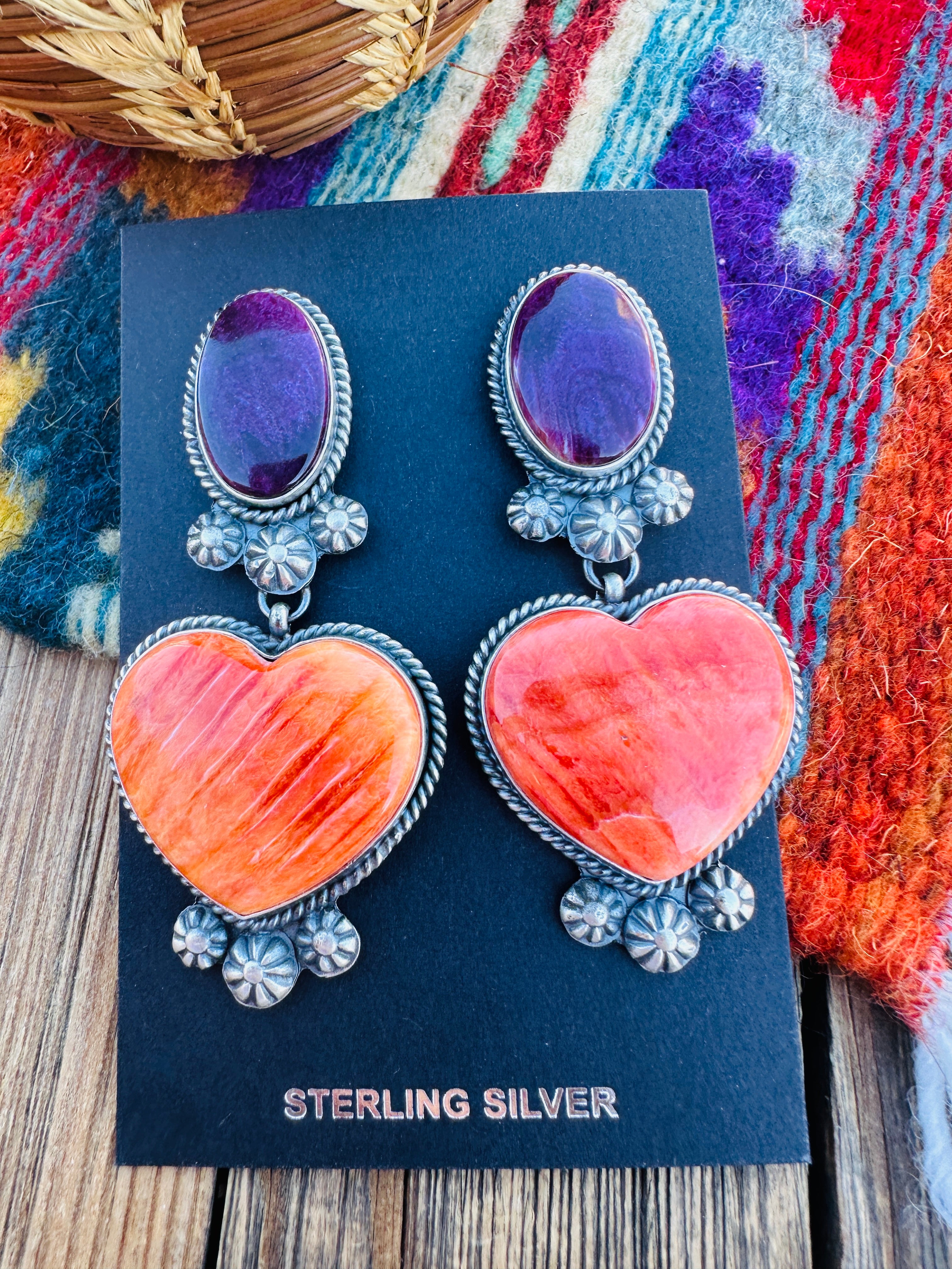 Handcrafted Spiny Oyster & Sterling Silver Heart Dangle Earrings by Kevin Billah