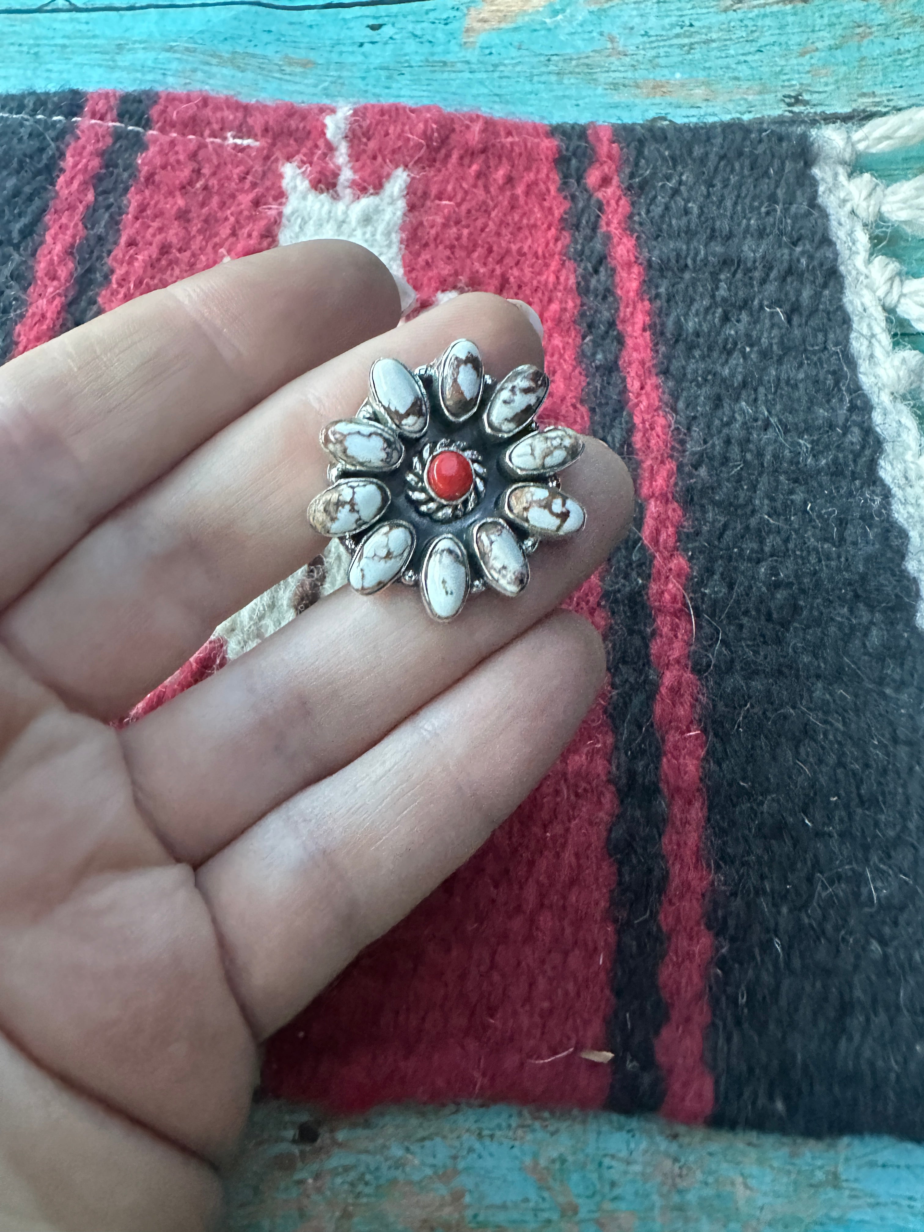 Beautiful Handmade Coral, Wild Horse And Sterling Silver Adjustable Ring