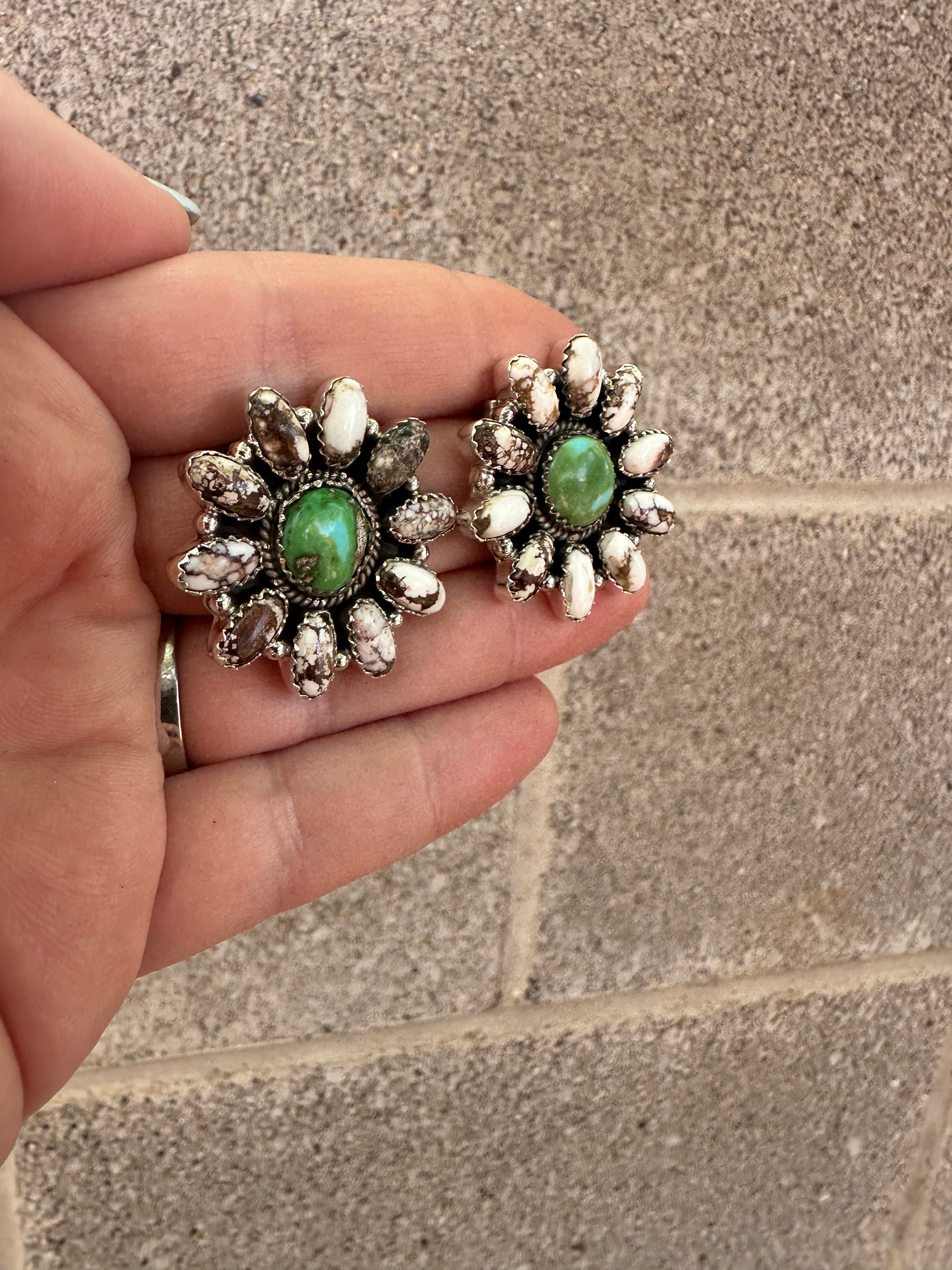 Handmade Flower Sterling Silver, Wild Horse, Sonoran Turquoise Cluster Post Earrings Signed Nizhoni