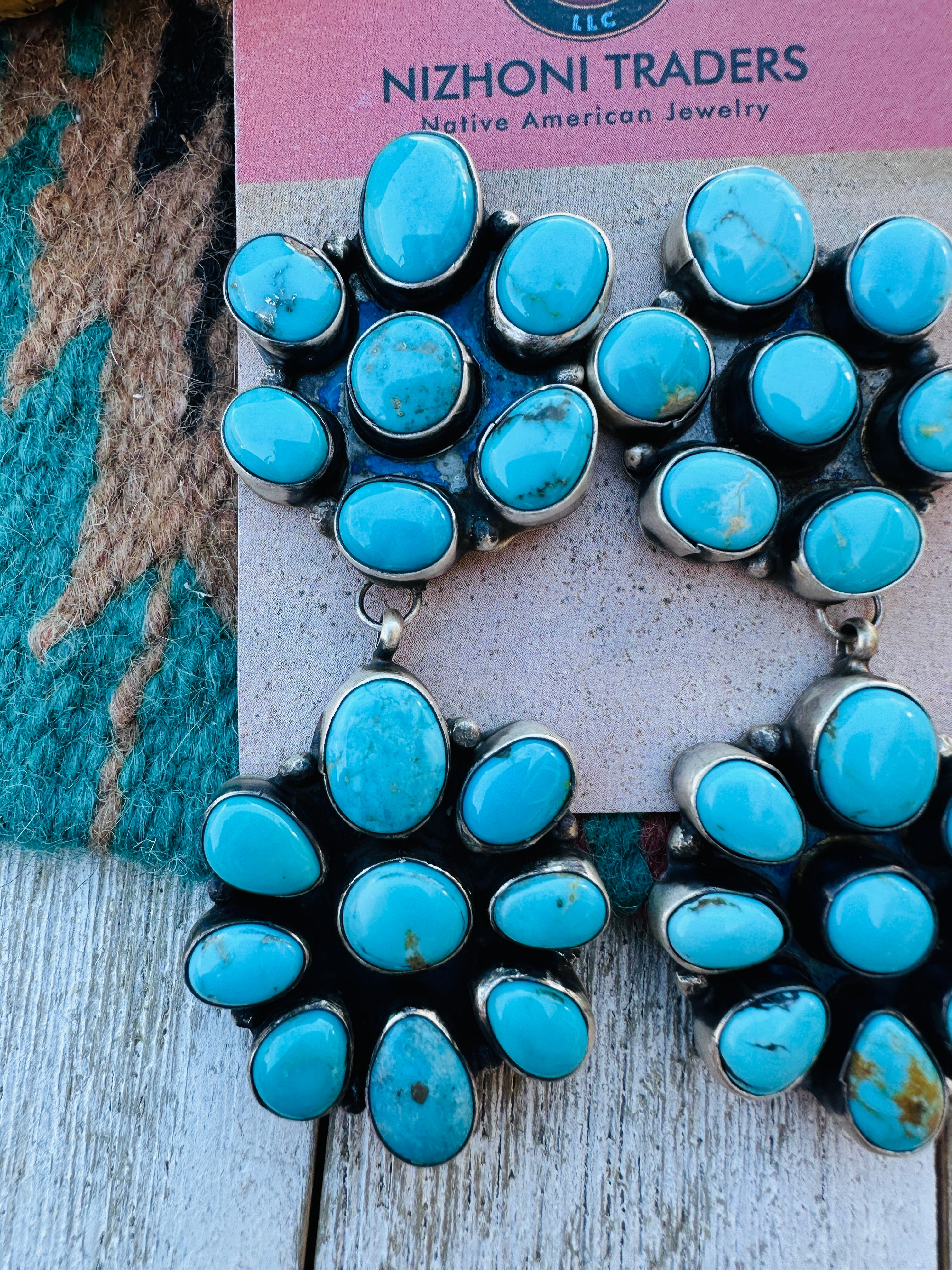 Handcrafted Kingman Turquoise And Sterling Silver Cluster Dangle Earrings by Ella Peter