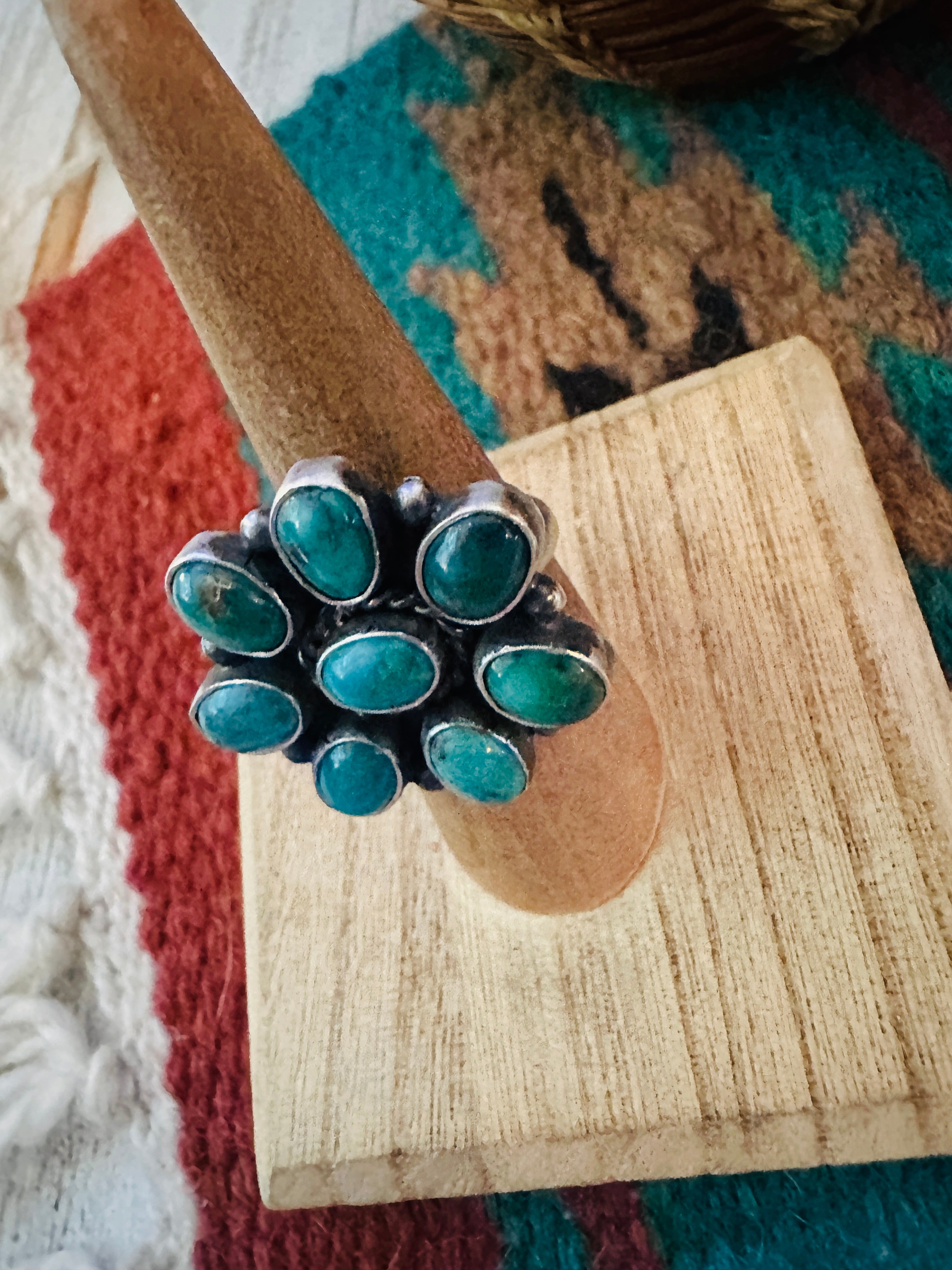 Navajo Sterling Silver & Turquoise Cluster Adjustable Ring