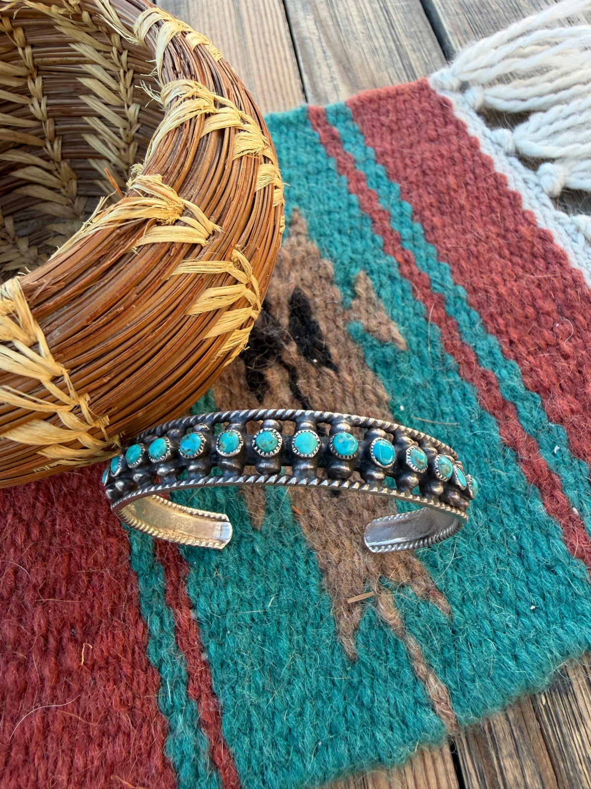 Handcrafted Old Pawn Sterling Silver & Turquoise Cuff Bracelet
