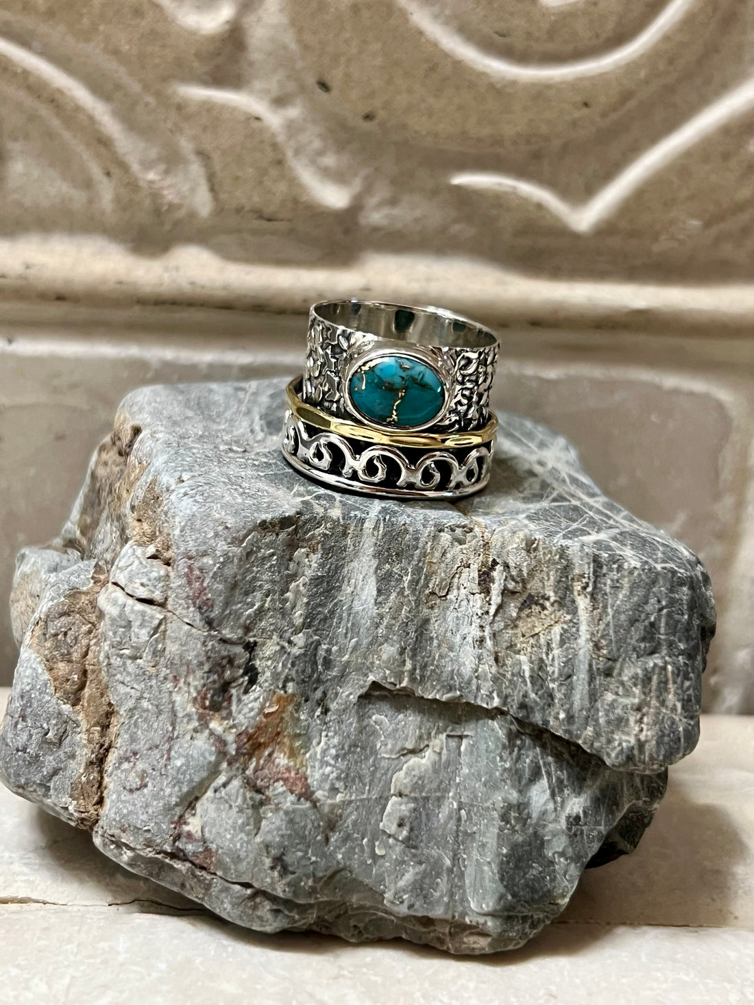 Copper Turquoise Sterling Silver, Gold, Copper Spinner Ring Size 7 “Lattice”