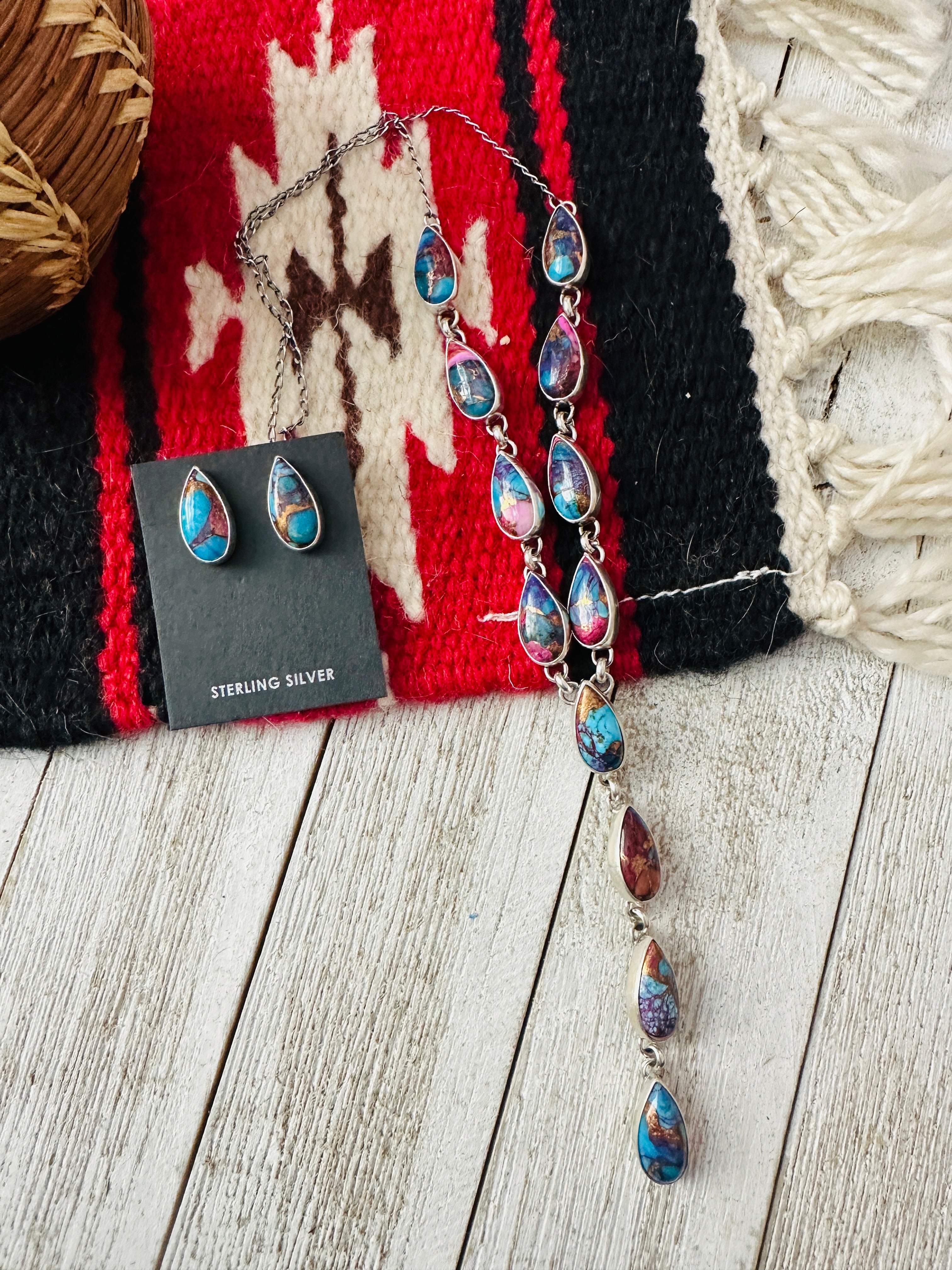 Navajo Sterling Silver & Pink Dream Mojave Lariat Necklace Set