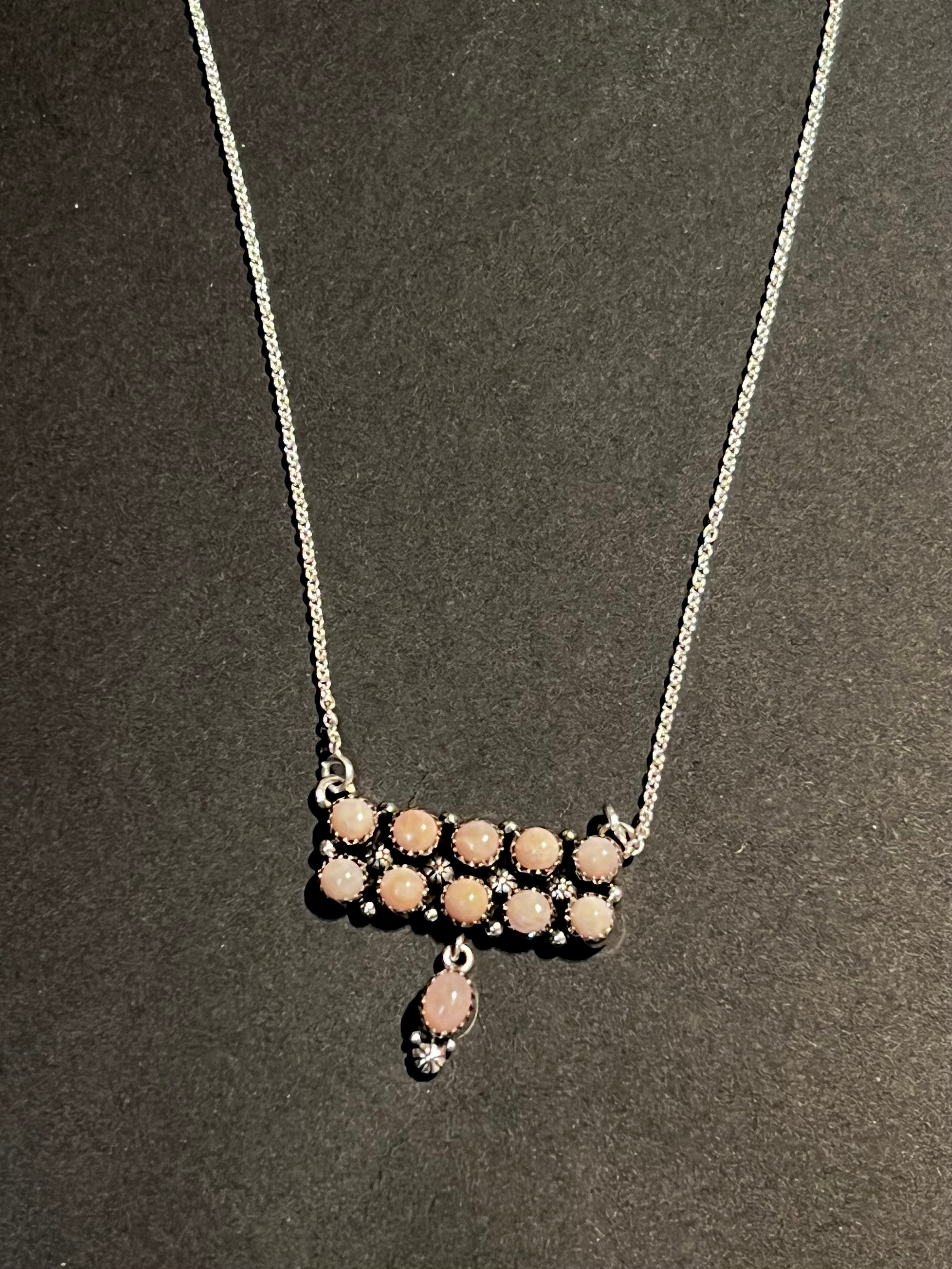 Handmade Sterling Silver & Pink Opal Tear Drop Dangle, Bar Necklace